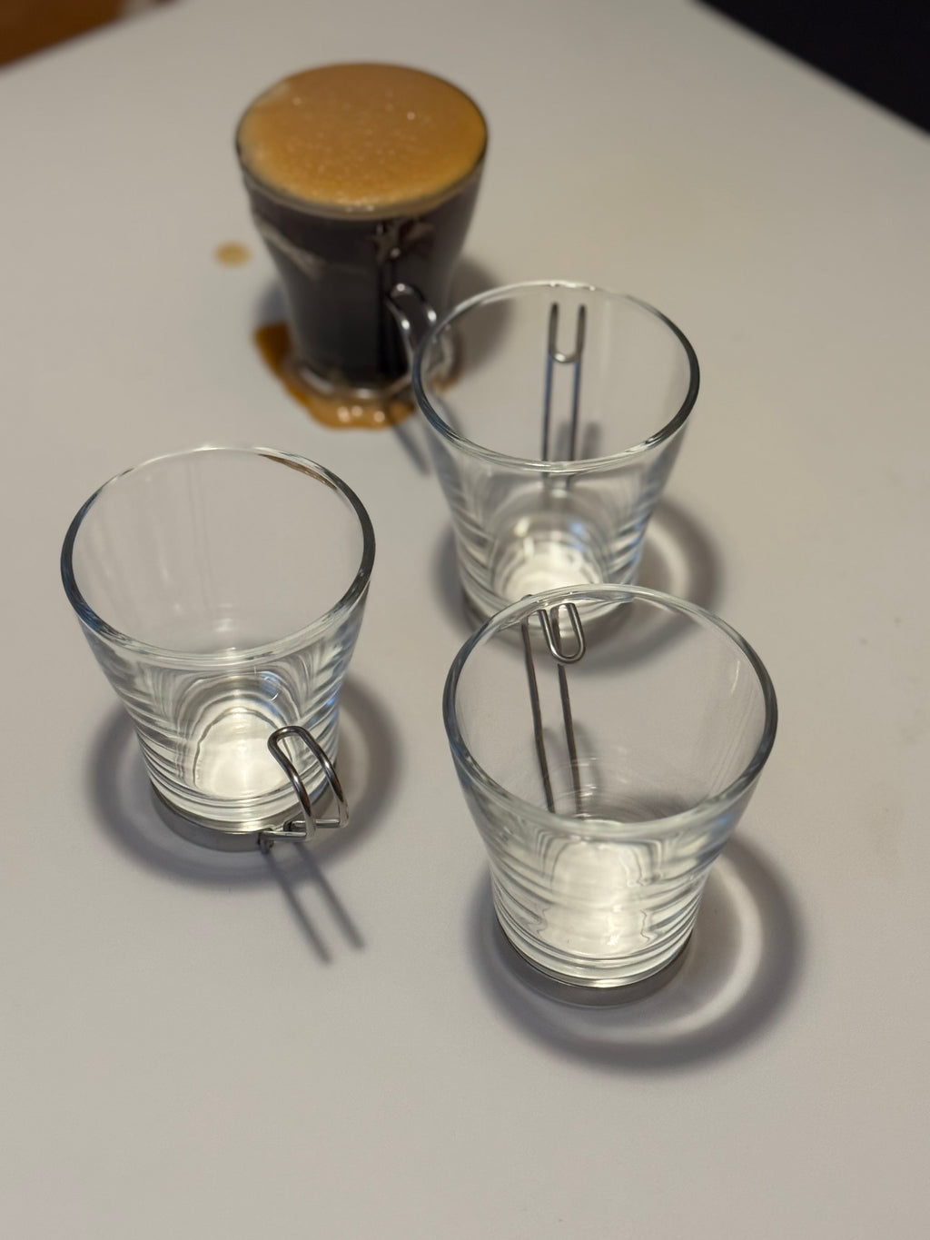 Vintage Vitrosax Italian Glass Espresso Cups with Stainless Handles – Set of 4 + Creamer