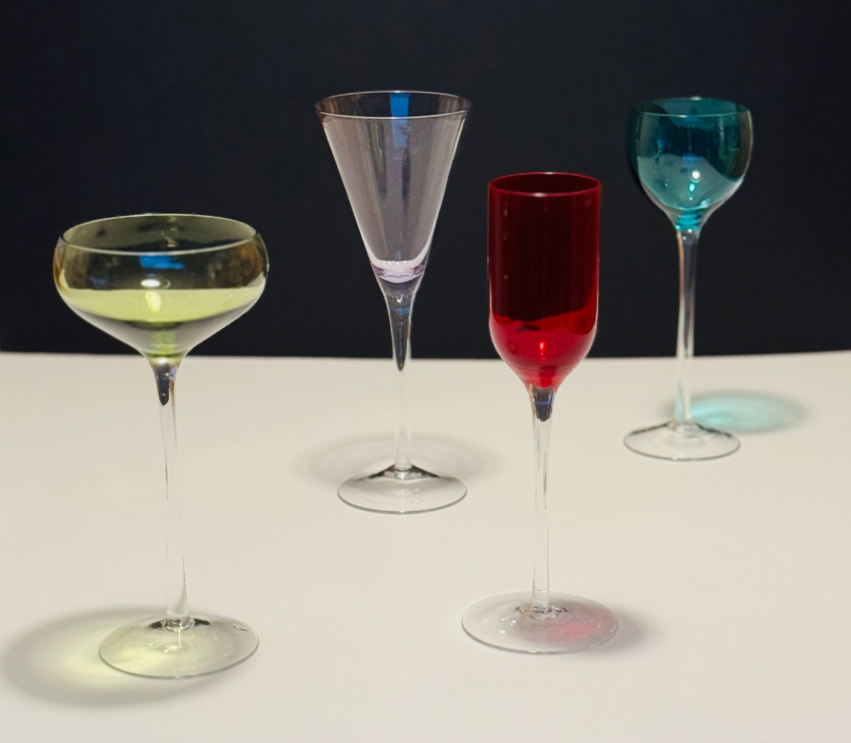 Elegant Vintage Italian Colored Stem Glasses | Jewel Tone Aperitif Glass Set | Tall Elegant Barware | Set of Four