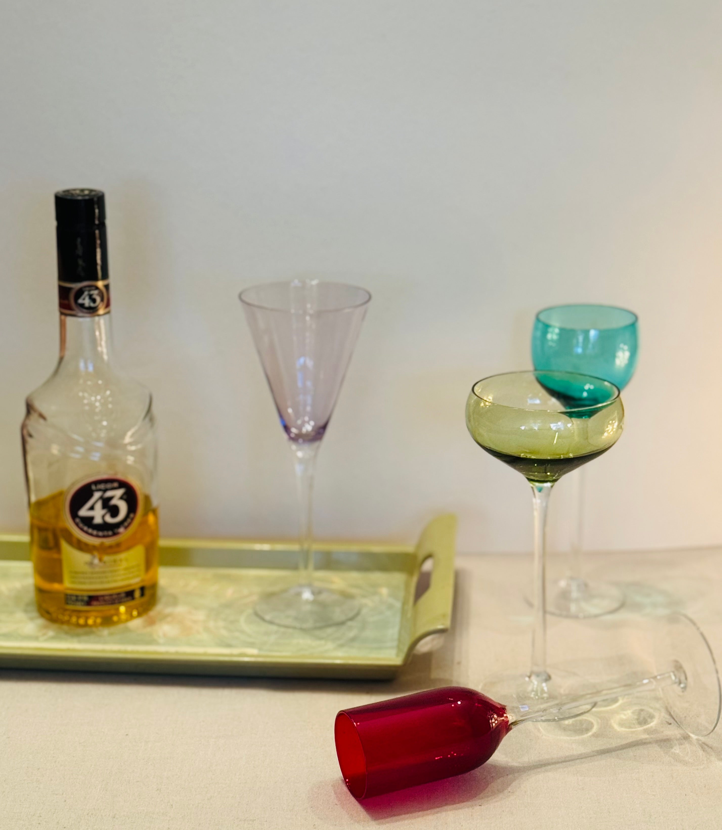 Elegant Vintage Italian Colored Stem Glasses | Jewel Tone Aperitif Glass Set | Tall Elegant Barware | Set of Four