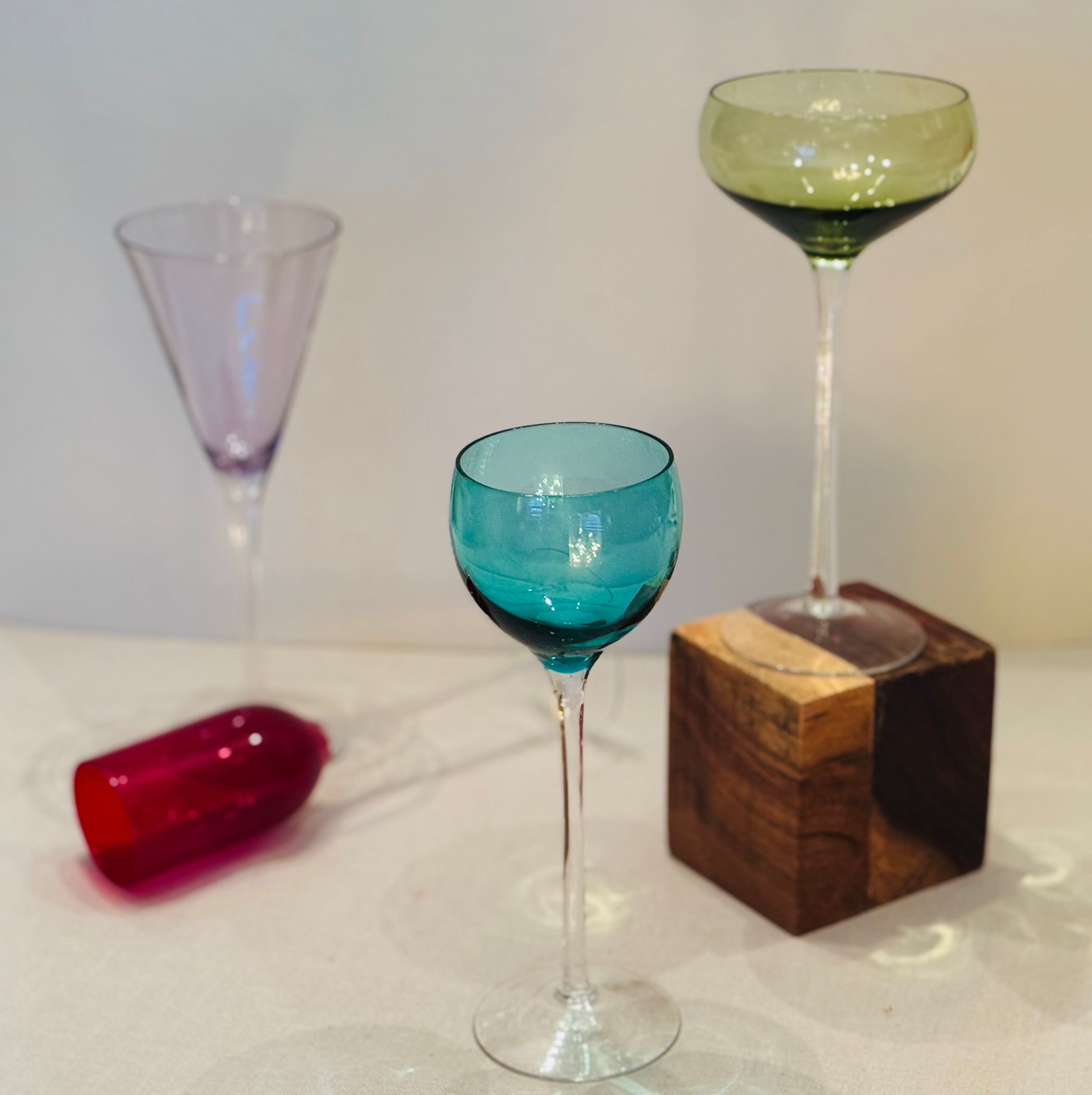 Elegant Vintage Italian Colored Stem Glasses | Jewel Tone Aperitif Glass Set | Tall Elegant Barware | Set of Four
