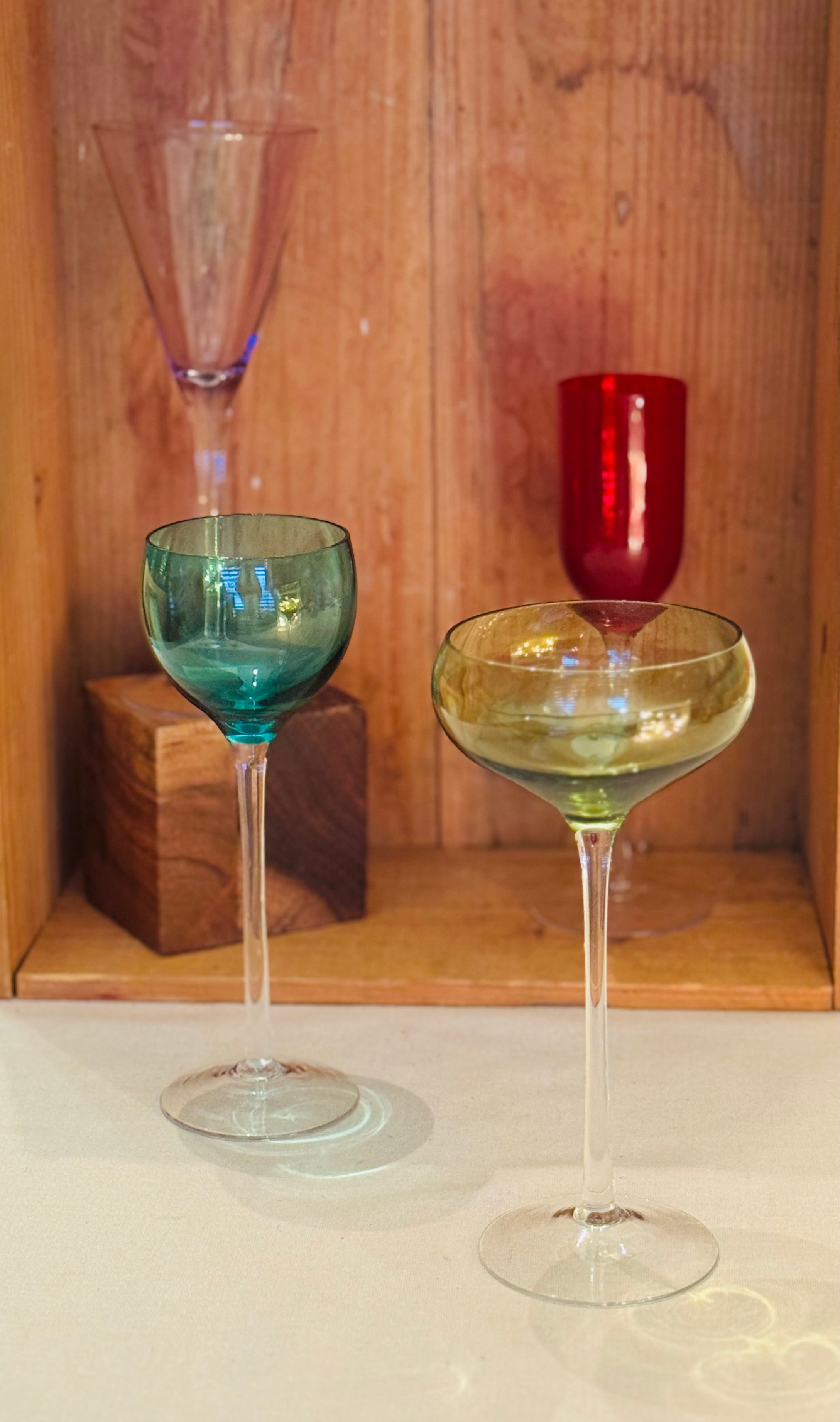 Elegant Vintage Italian Colored Stem Glasses | Jewel Tone Aperitif Glass Set | Tall Elegant Barware | Set of Four