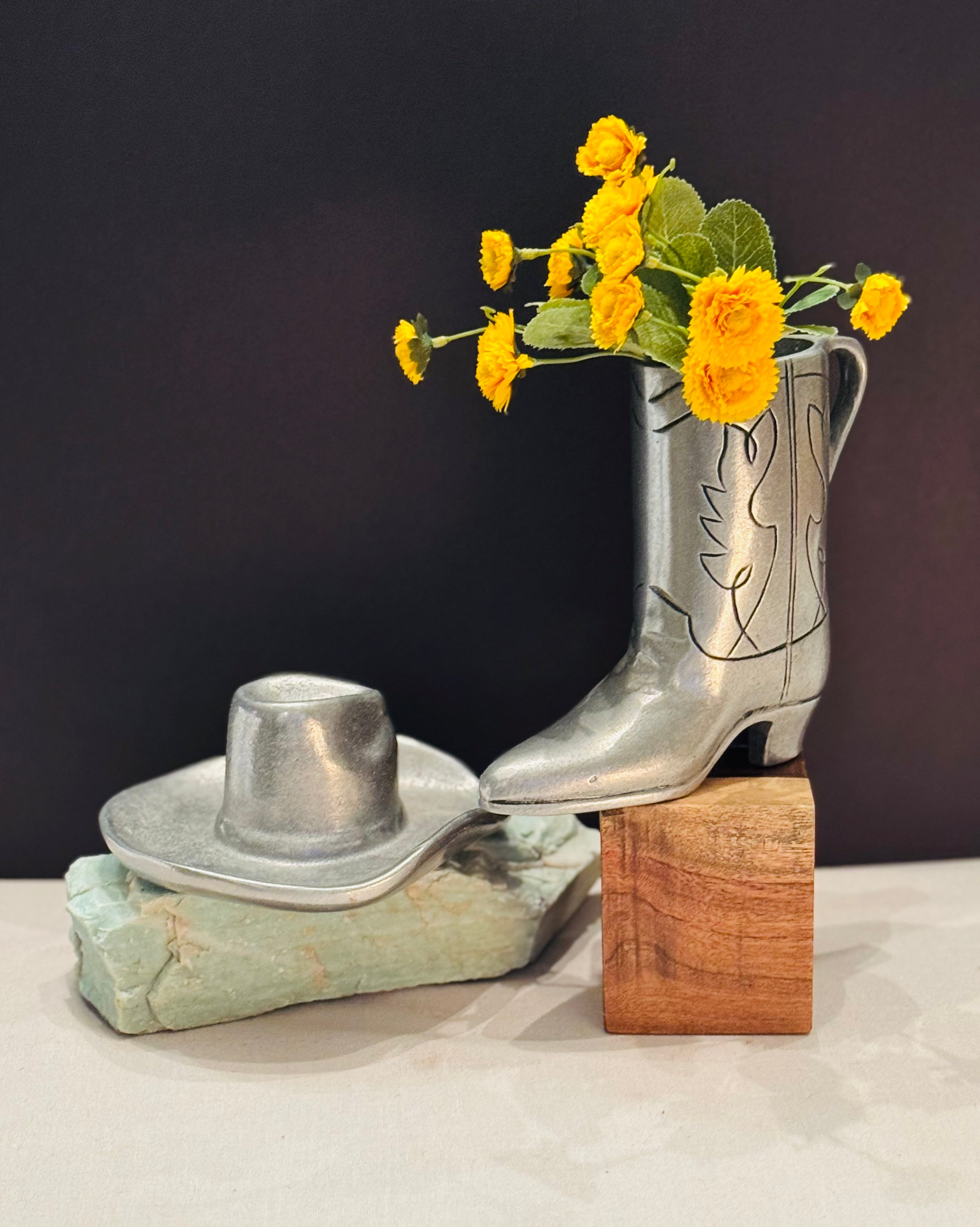 Vintage Cowboy Boot with Cowboy Hat – Western Metal Decor Set