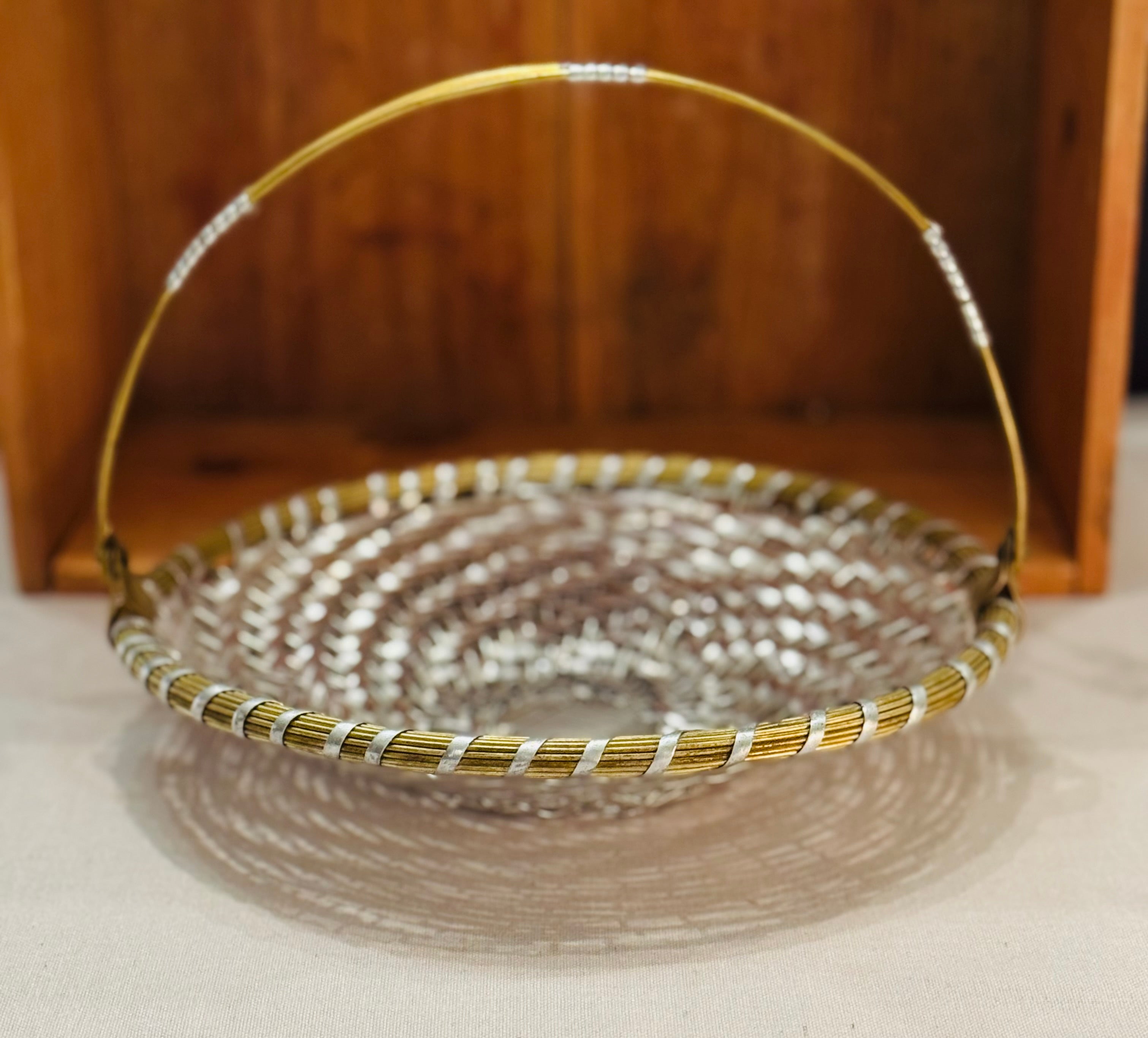 Vintage Mid-Century Woven Metal Fruit Basket with Brass Handle