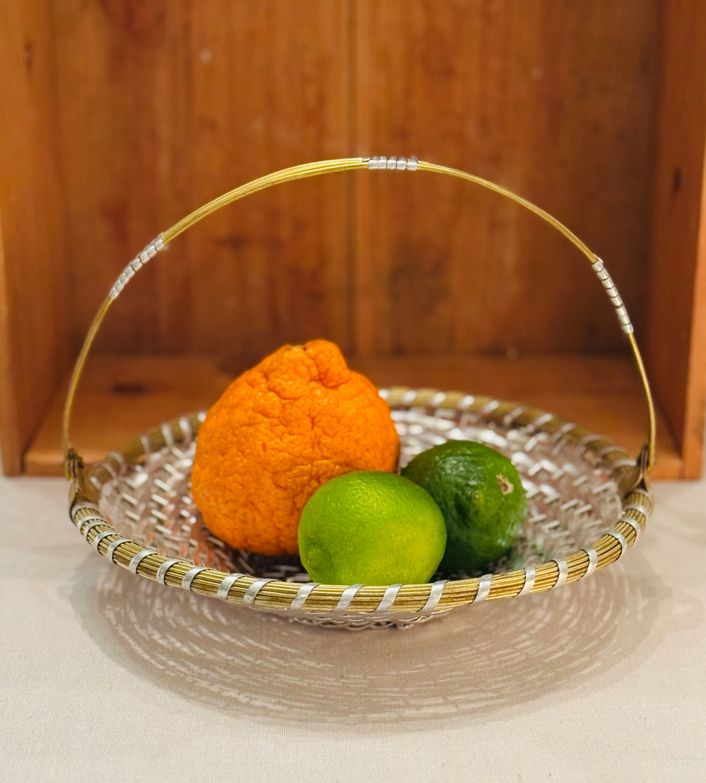 Vintage Mid-Century Woven Metal Fruit Basket with Brass Handle