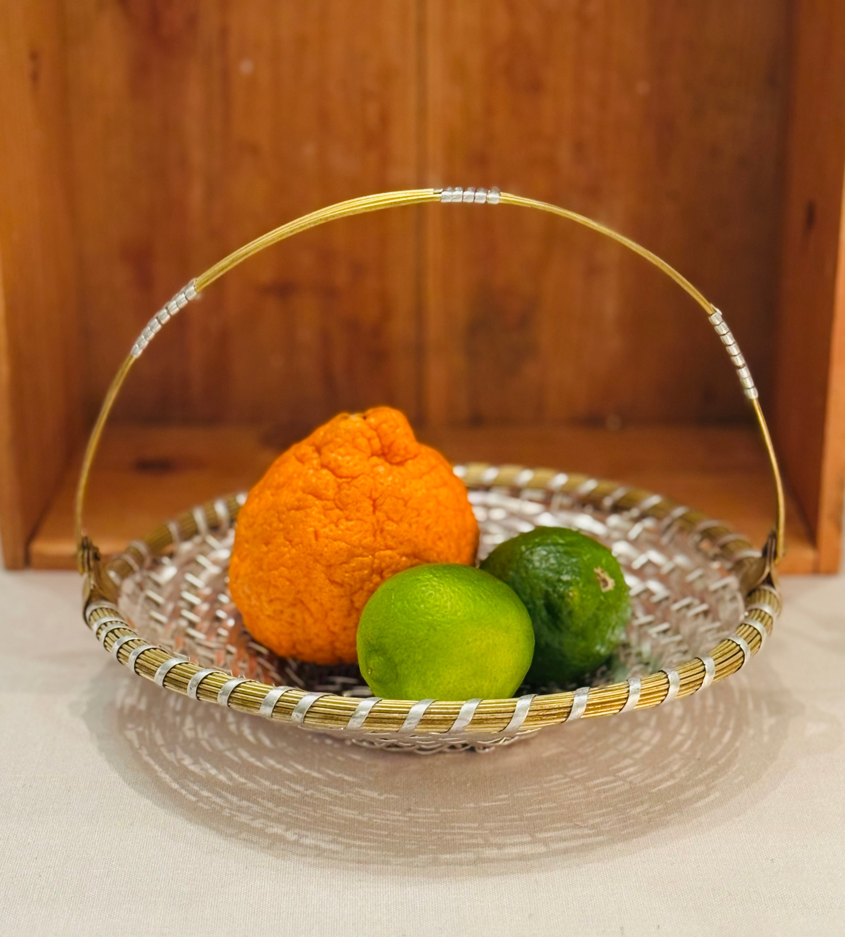 Vintage Mid-Century Woven Metal Fruit Basket with Brass Handle