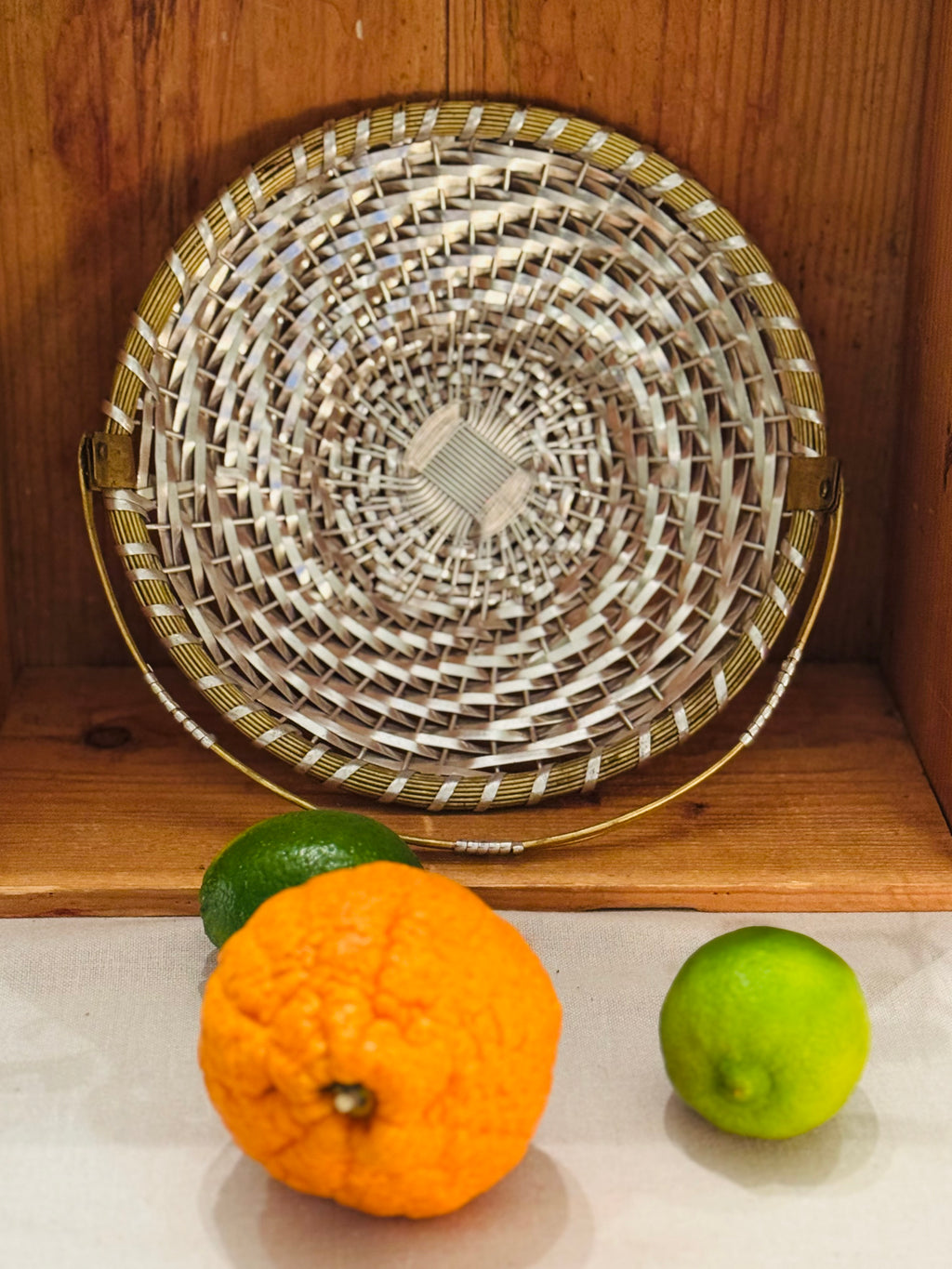 Vintage Mid-Century Woven Metal Fruit Basket with Brass Handle