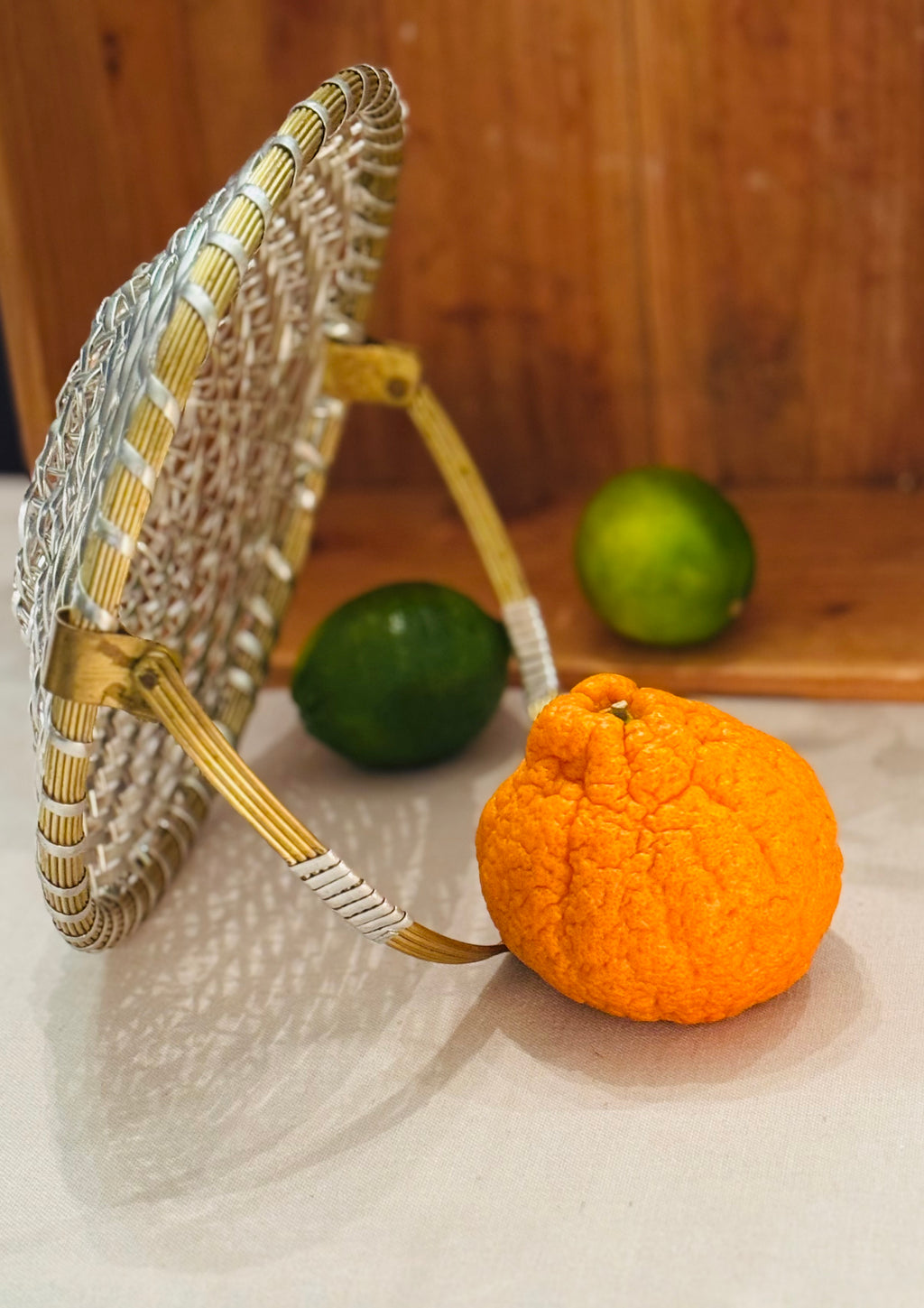 Vintage Mid-Century Woven Metal Fruit Basket with Brass Handle