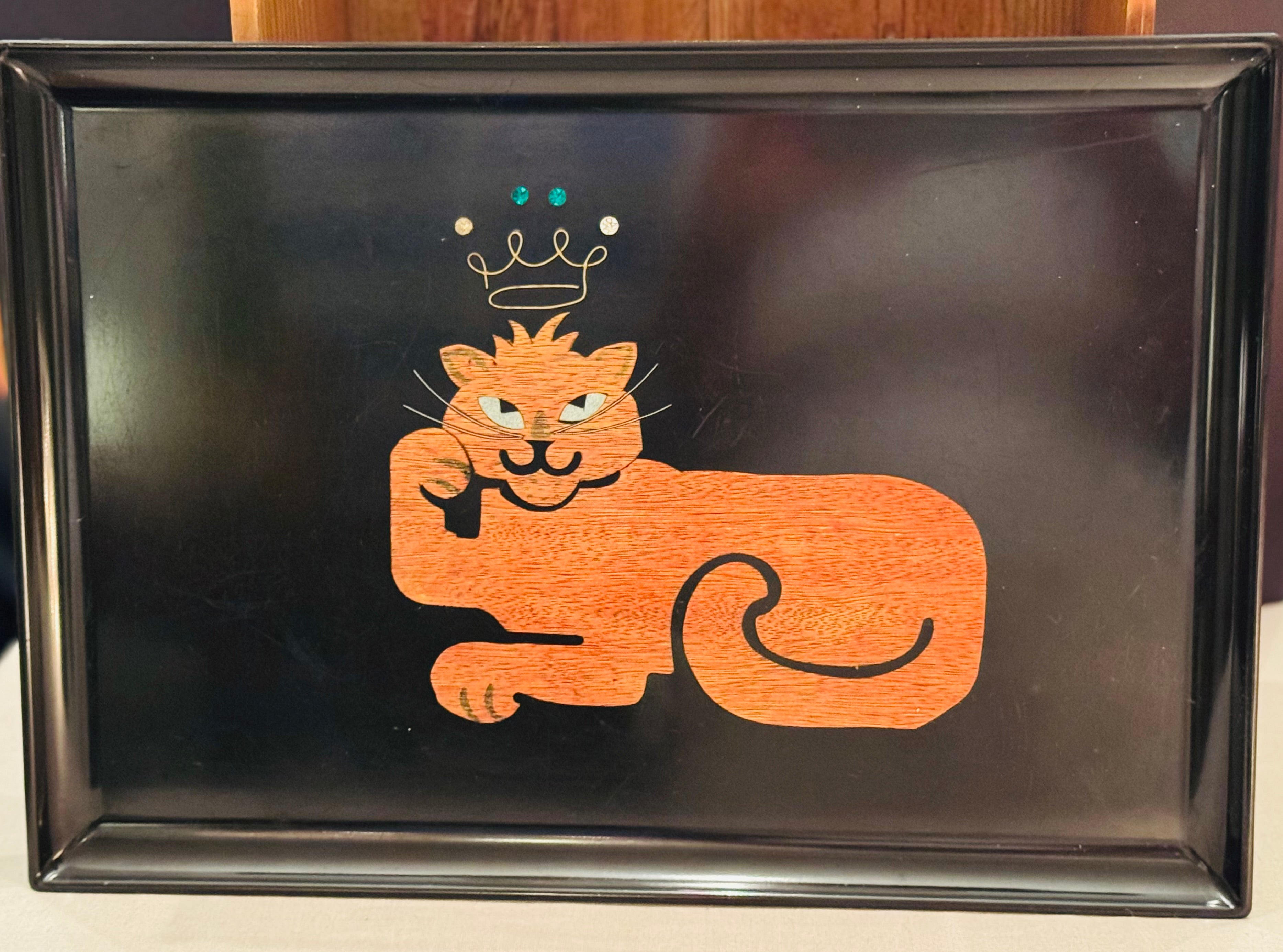 Vintage Couroc of Monterey Crowned Cat Inlaid Serving Tray – Mid Century California Barware
