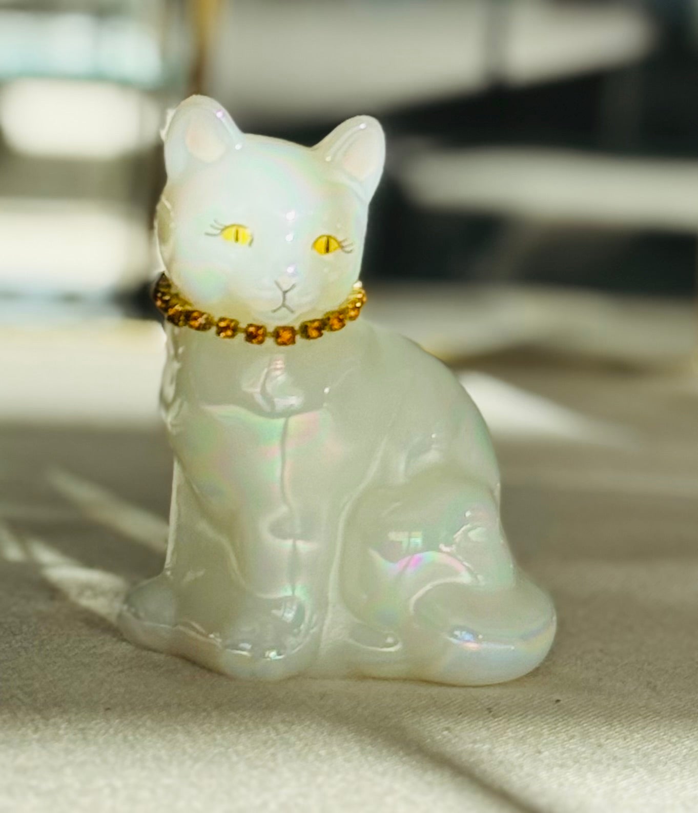 Vintage Fenton Iridescent Glass Cat – Hand Painted,