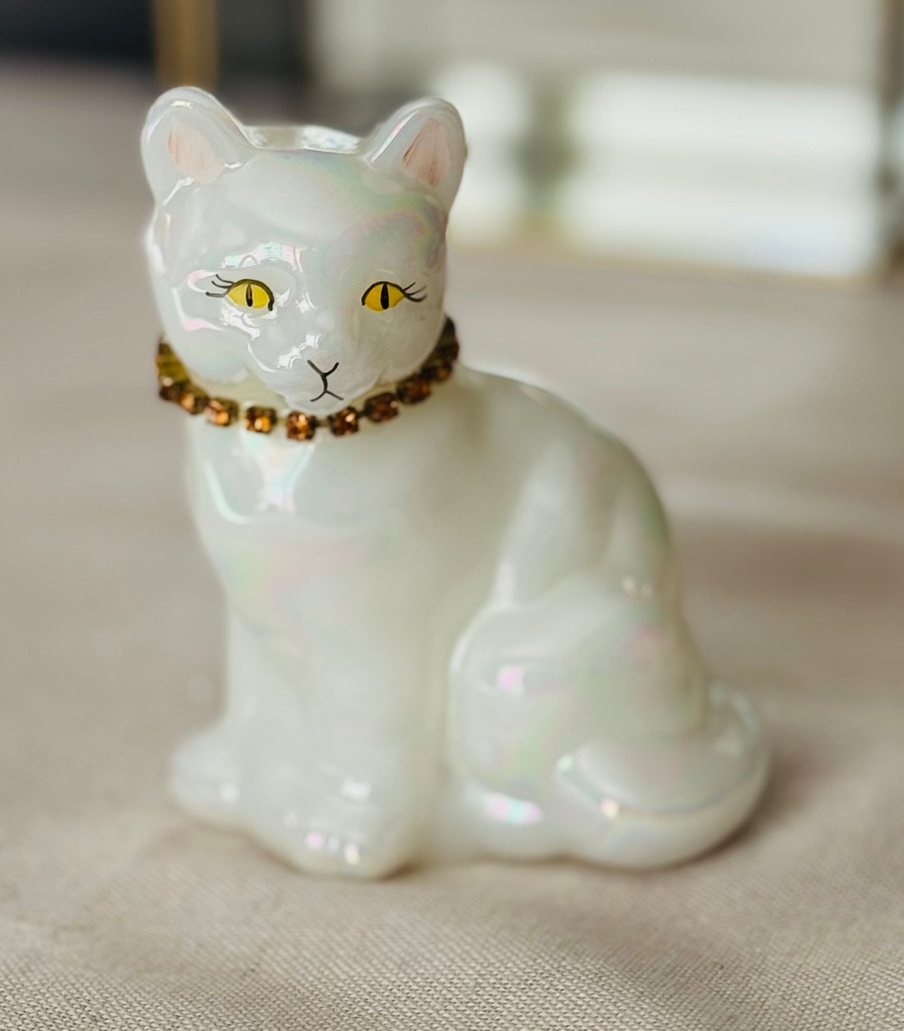 Vintage Fenton Iridescent Glass Cat – Hand Painted,