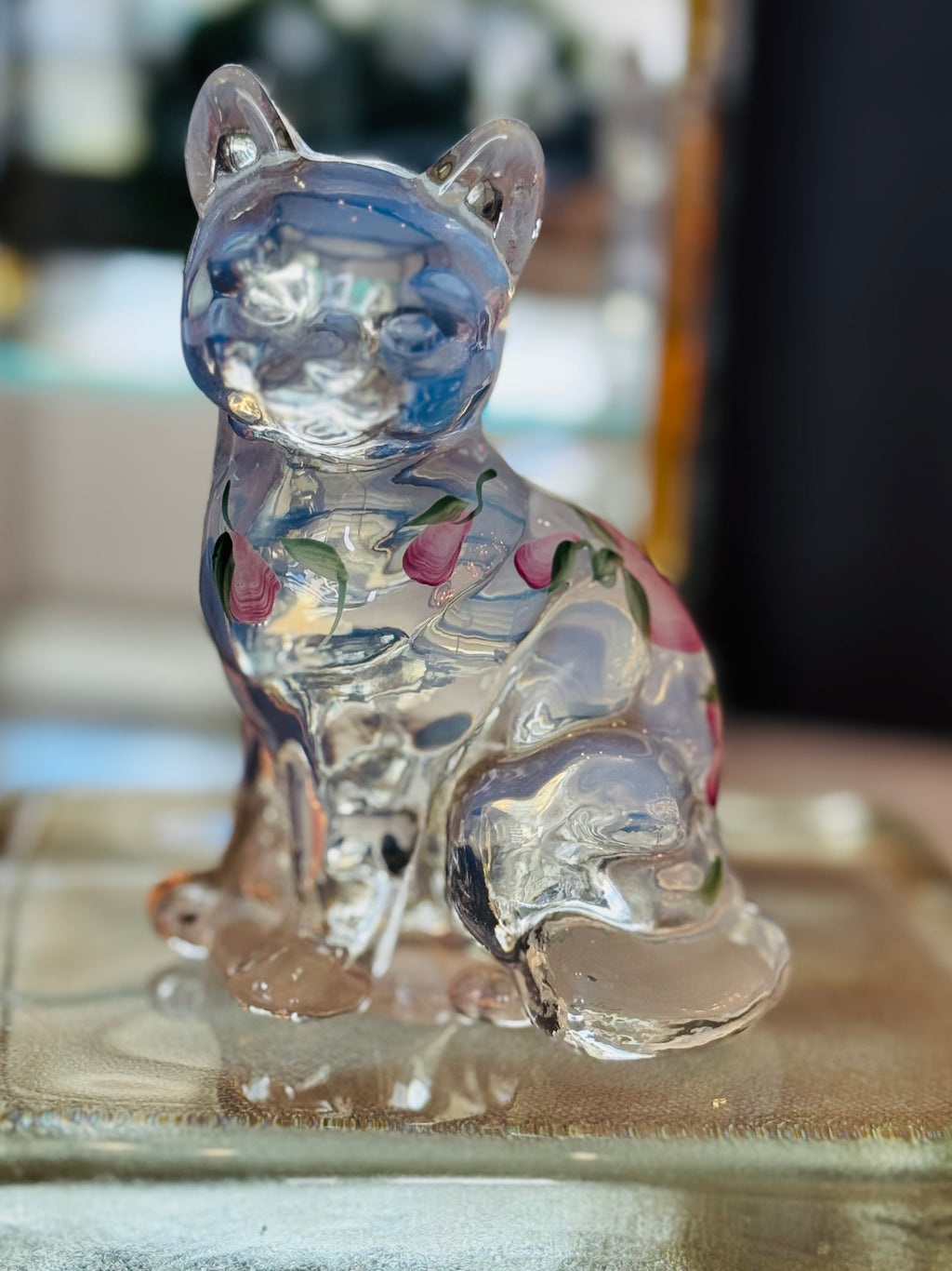 Vintage Fenton Hand Painted Glass Cat Signed A. Meek Pink Floral