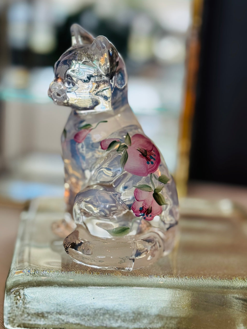 Vintage Fenton Hand Painted Glass Cat Signed A. Meek Pink Floral