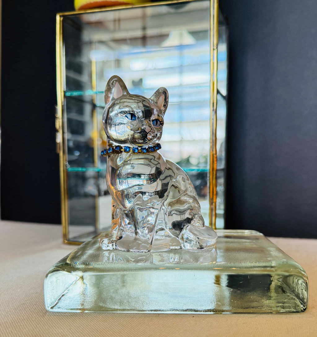 Vintage Fenton Clear Glass Cat with Blue Rhinestone Collar | Sculptural Glass Figurine | Shelf Styling Object