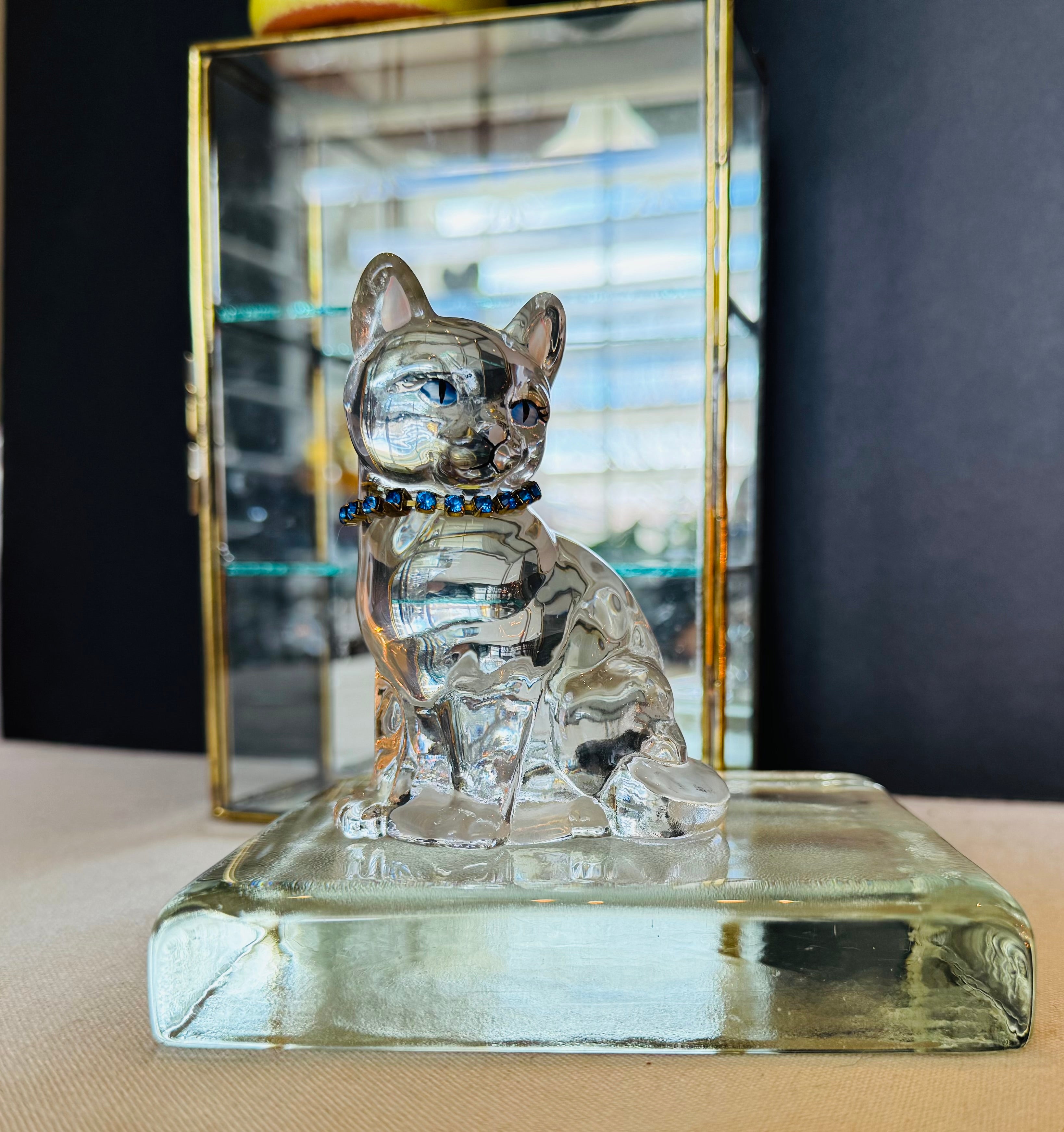 Vintage Fenton Clear Glass Cat with Blue Rhinestone Collar | Sculptural Glass Figurine | Shelf Styling Object