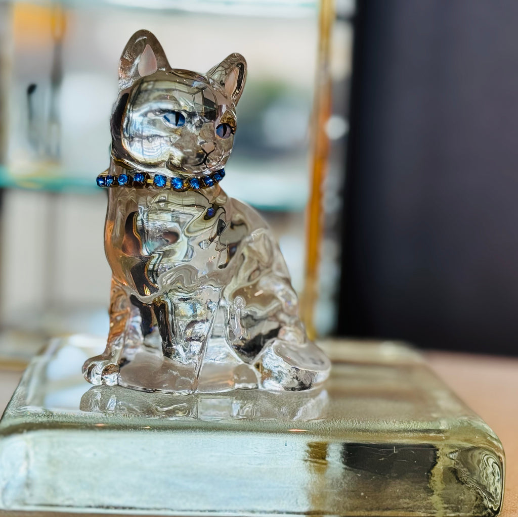 Vintage Fenton Clear Glass Cat with Blue Rhinestone Collar | Sculptural Glass Figurine | Shelf Styling Object
