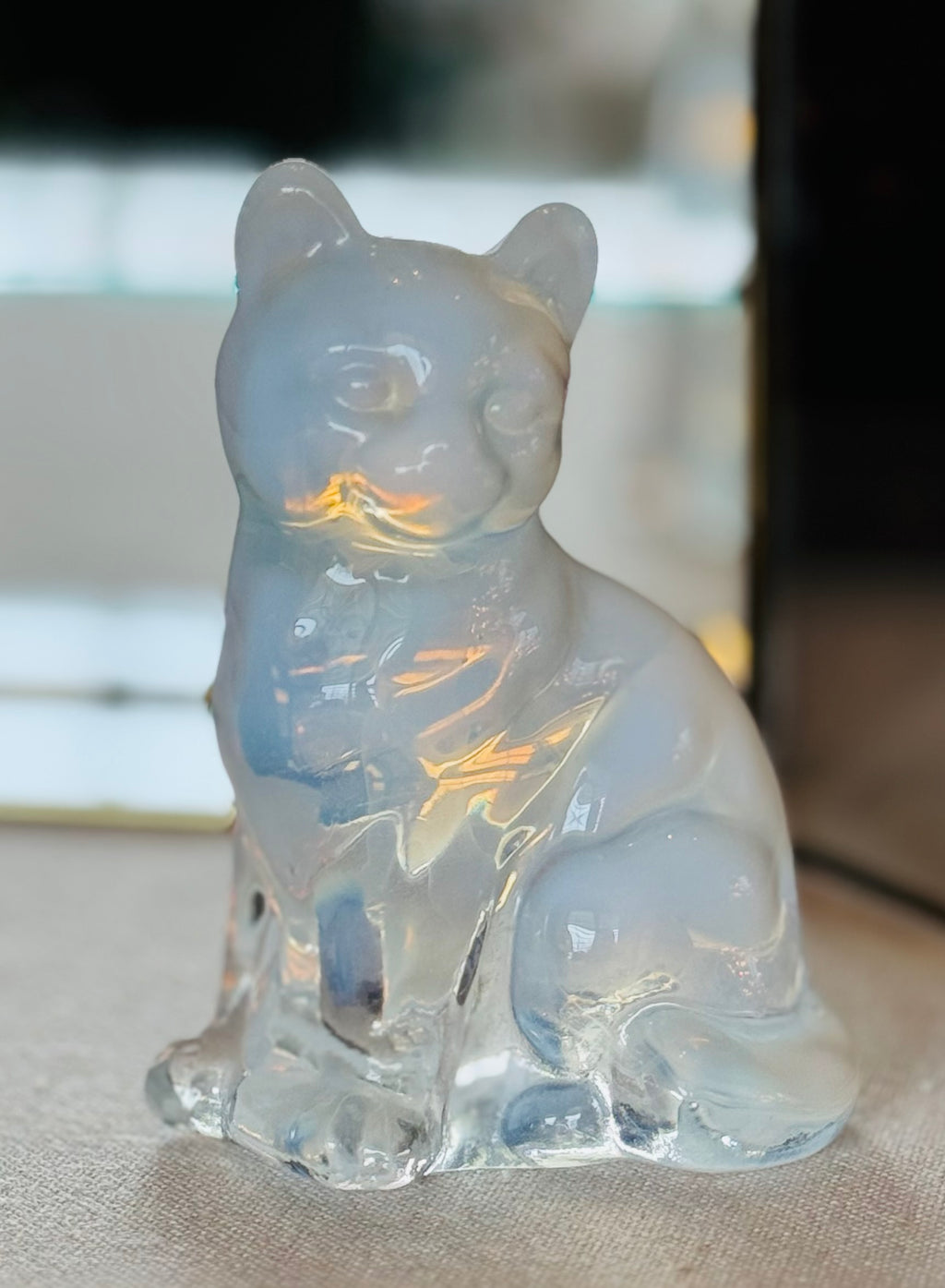 Vintage Fenton Opalescent Glass Cat – Blue Moonstone Satin Glass – Seated Cat Figurine – 1970s Fenton Art Glass