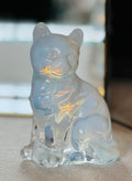 Vintage Fenton Opalescent Glass Cat – Blue Moonstone Satin Glass – Seated Cat Figurine – 1970s Fenton Art Glass