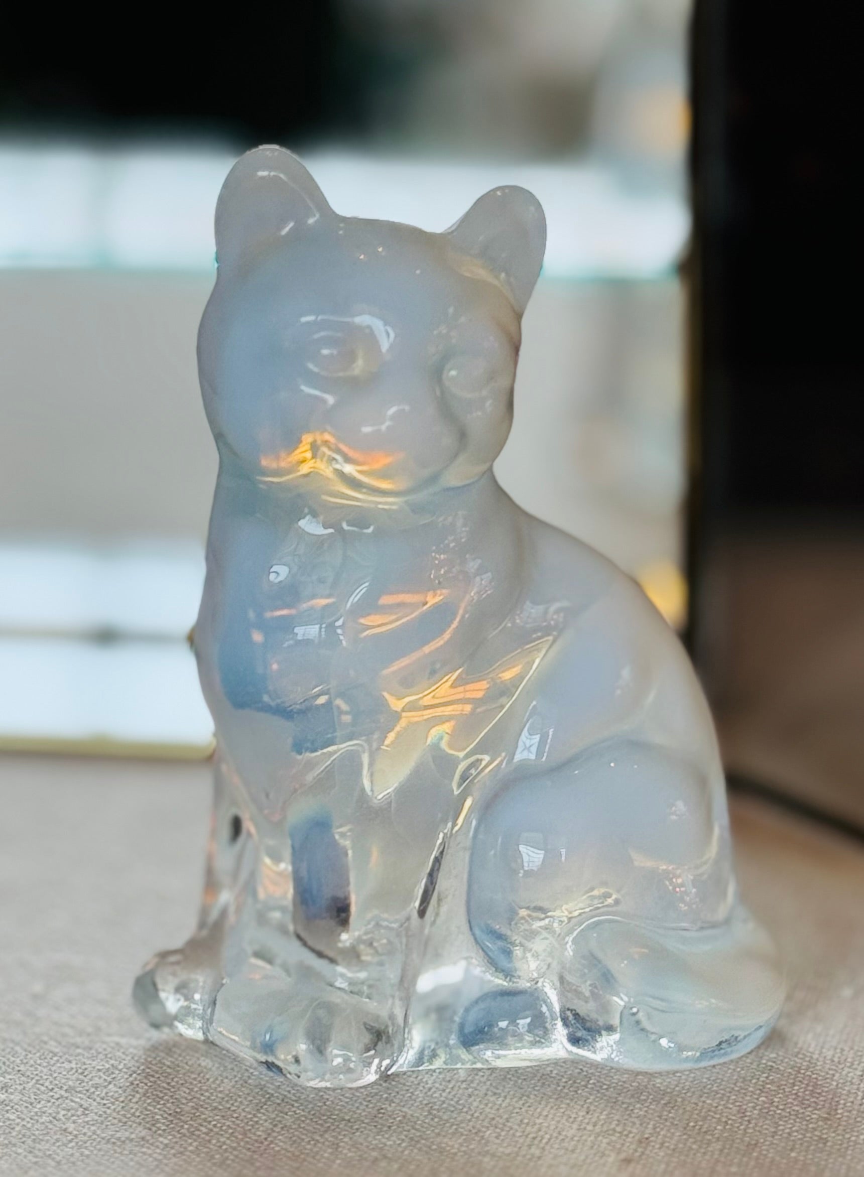 Vintage Fenton Opalescent Glass Cat – Blue Moonstone Satin Glass – Seated Cat Figurine – 1970s Fenton Art Glass