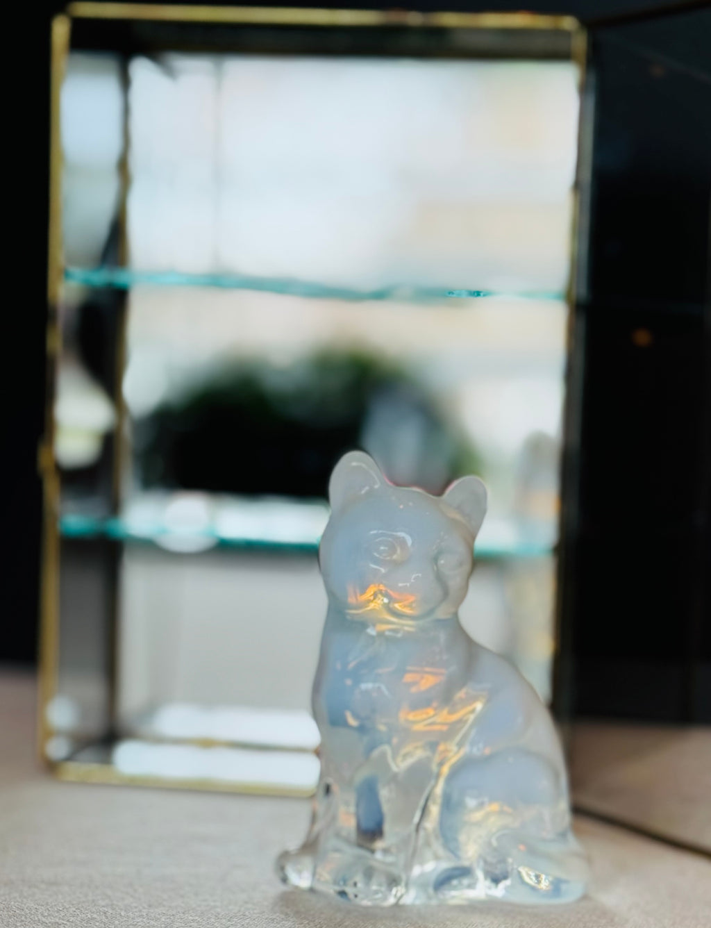 Vintage Fenton Opalescent Glass Cat – Blue Moonstone Satin Glass – Seated Cat Figurine – 1970s Fenton Art Glass