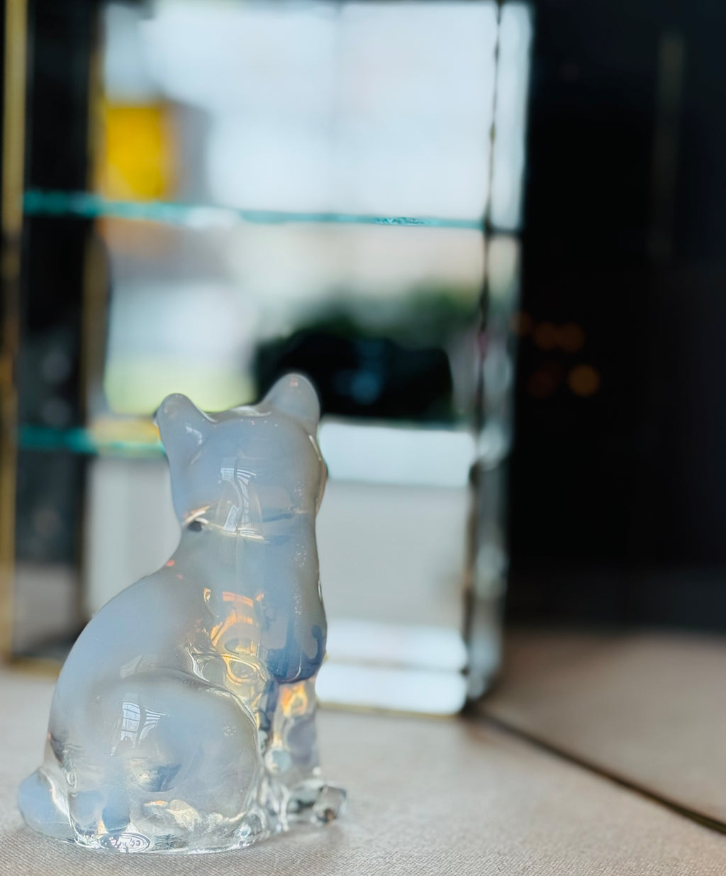 Vintage Fenton Opalescent Glass Cat – Blue Moonstone Satin Glass – Seated Cat Figurine – 1970s Fenton Art Glass