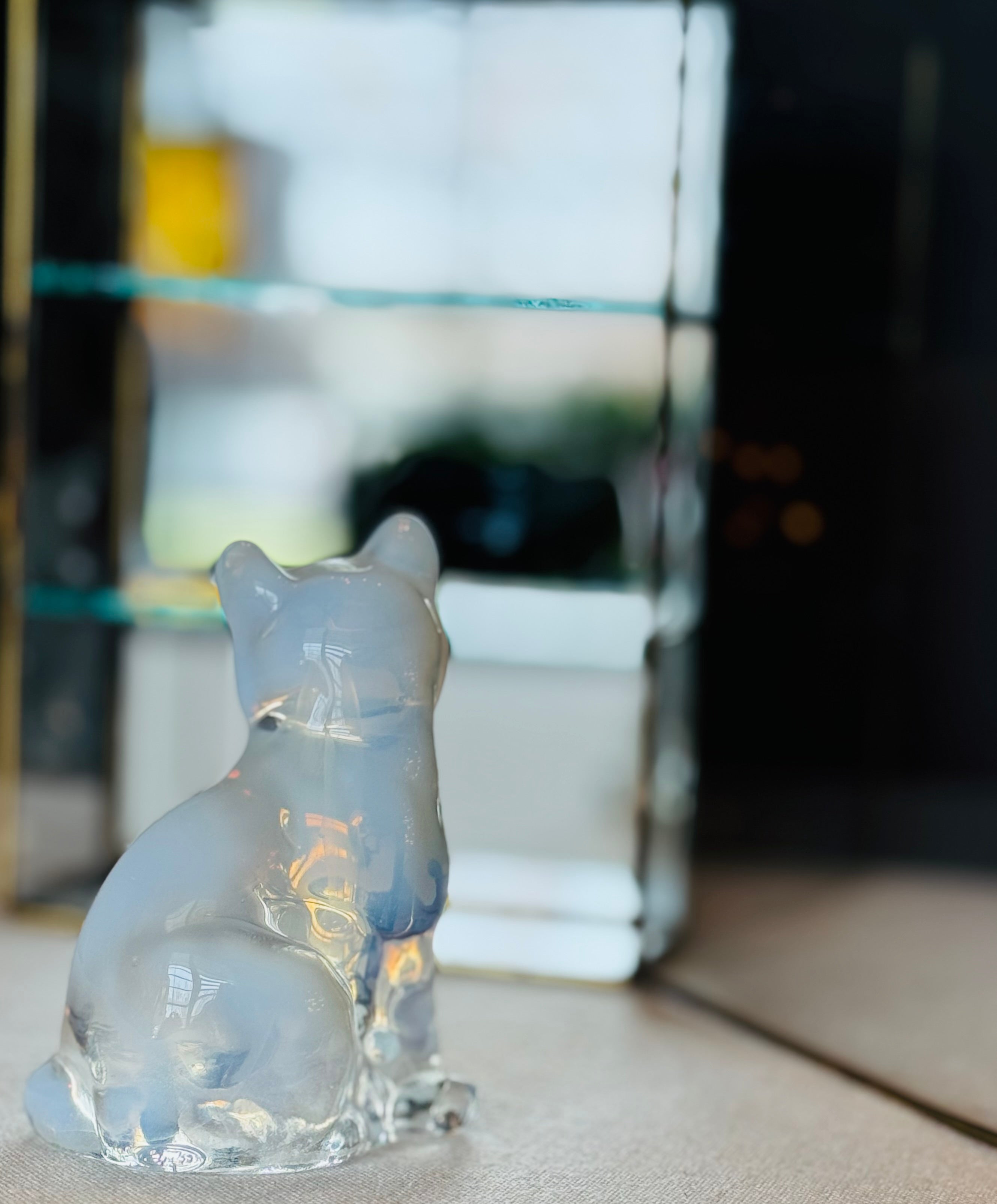 Vintage Fenton Opalescent Glass Cat – Blue Moonstone Satin Glass – Seated Cat Figurine – 1970s Fenton Art Glass