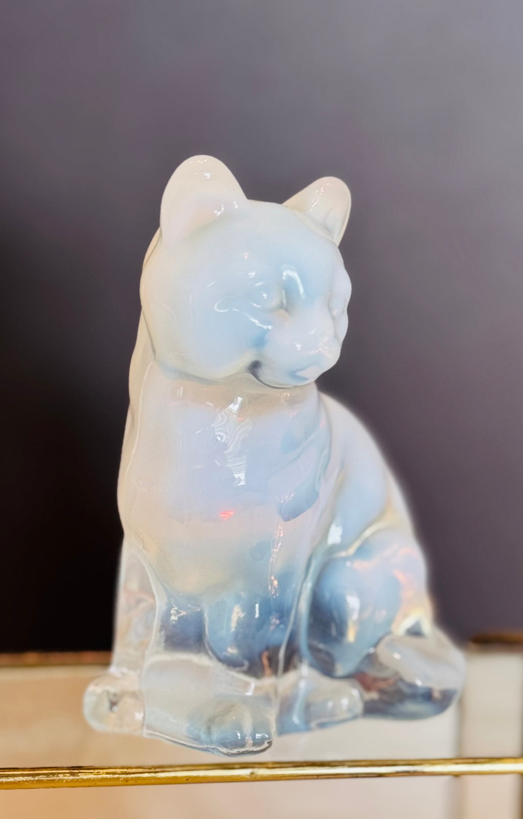 Vintage Fenton Opalescent Glass Cat – Blue Moonstone Satin Glass – Seated Cat Figurine – 1970s Fenton Art Glass