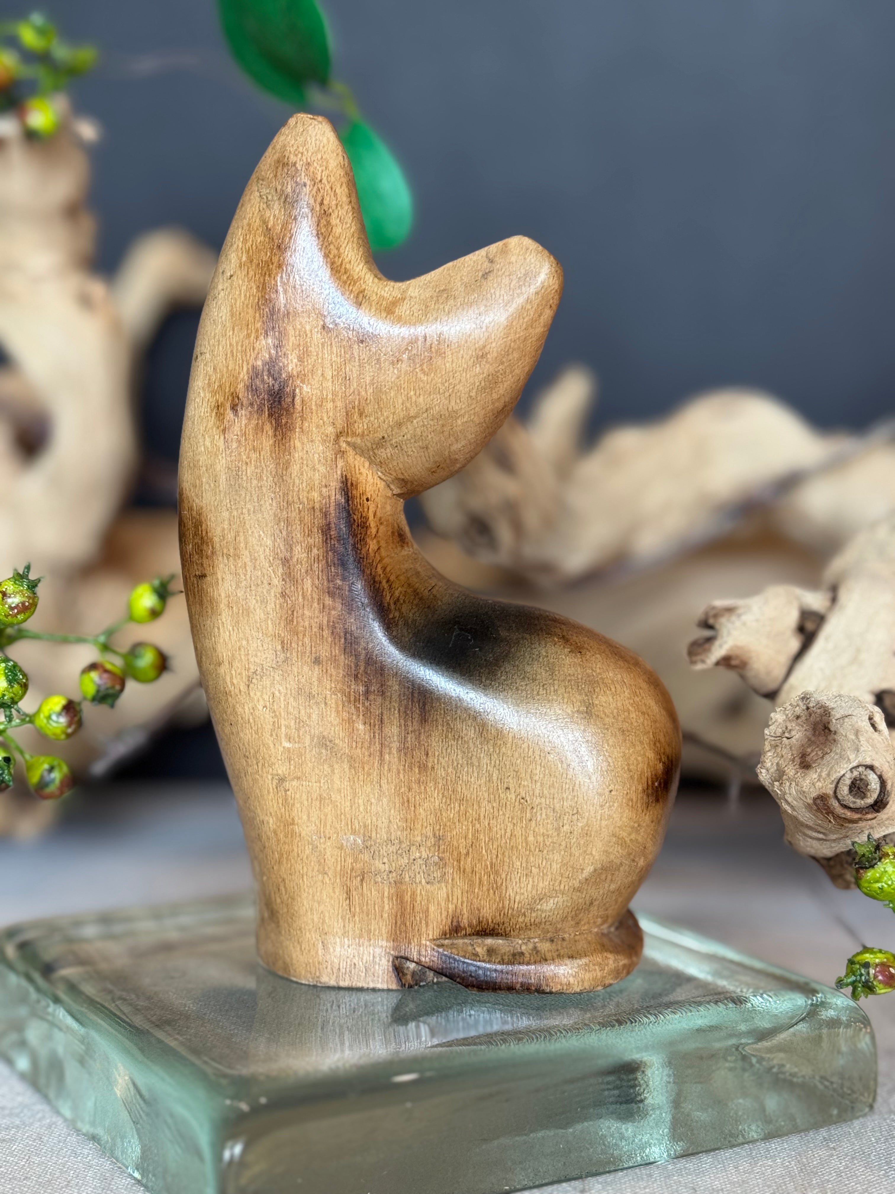 Vintage Hand Carved Wood Cat Figurine – Mid Century Modern Style – 1960s Wooden Cat Sculpture – Scandinavian Style Decor