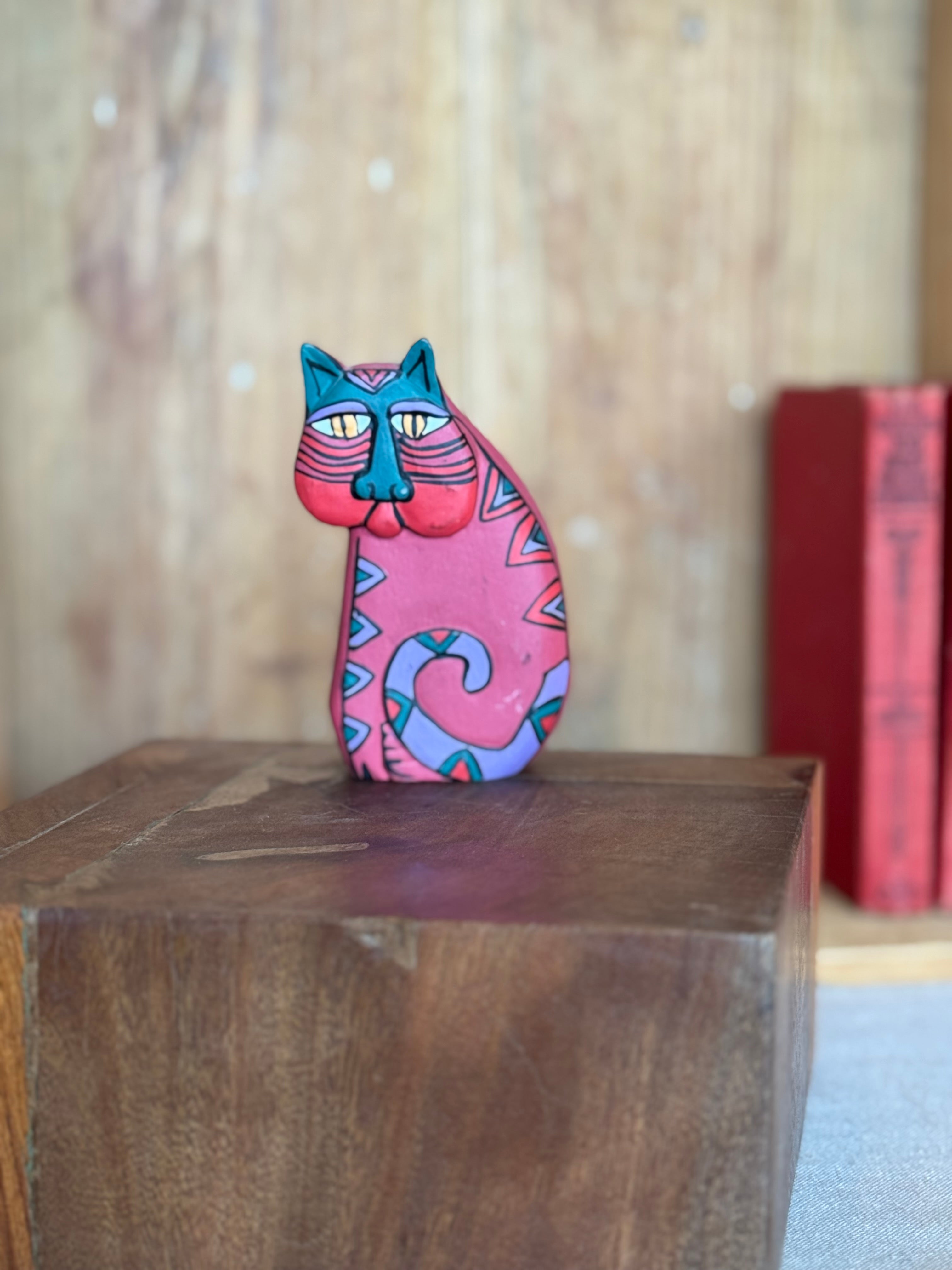 Vintage Hand-Carved Wooden Cat – Laurel Burch Style – Hand Painted Folk Art Cat Figurine