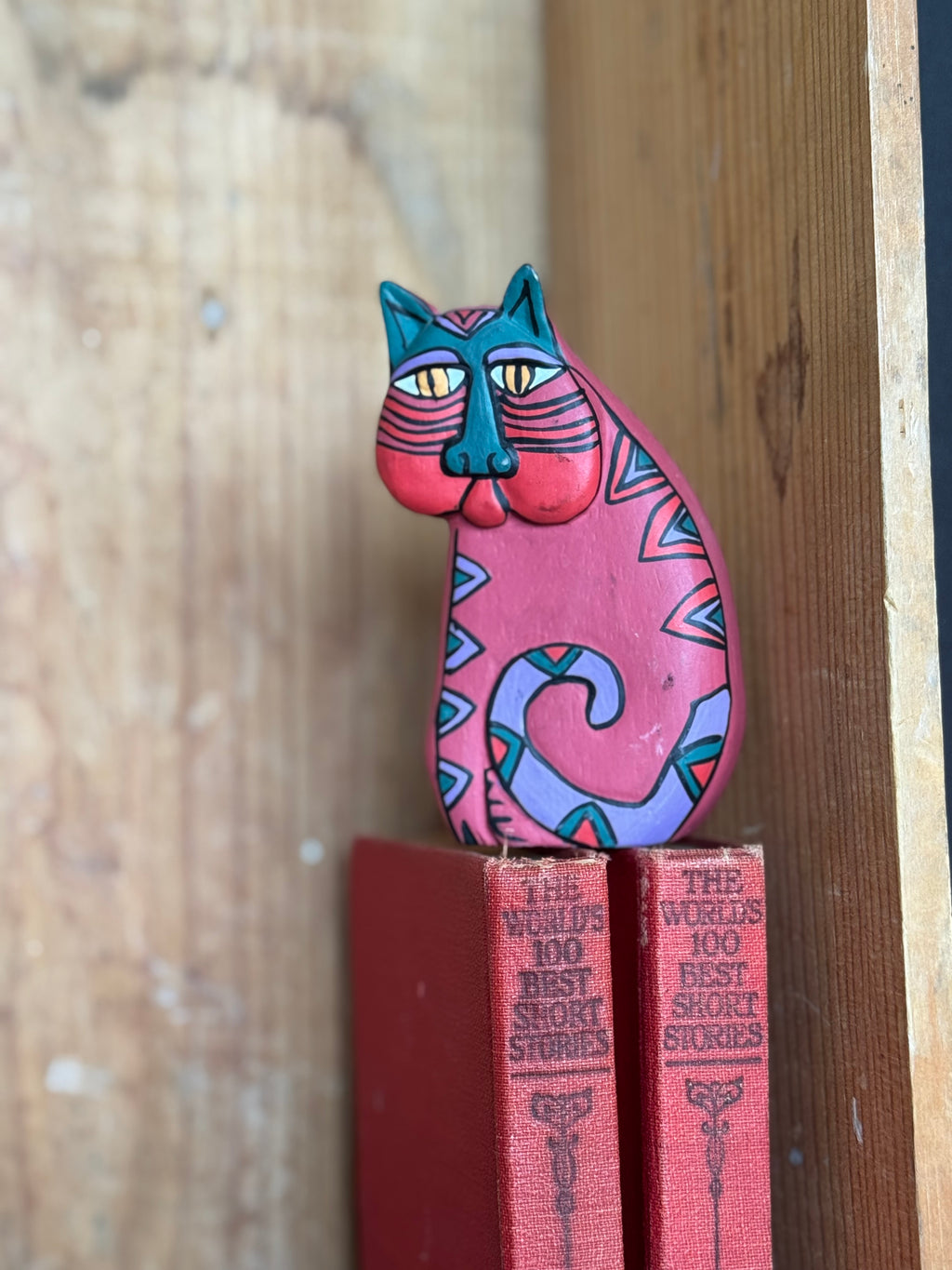 Vintage Hand-Carved Wooden Cat – Laurel Burch Style – Hand Painted Folk Art Cat Figurine