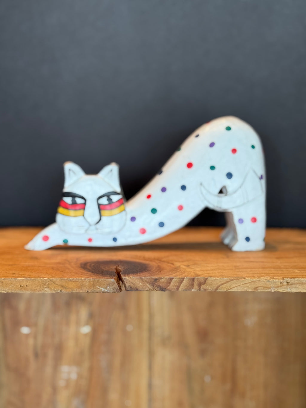 Vintage Hand-Carved Wooden Stretching Cat – Laurel Burch Style – Hand Painted Folk Art C