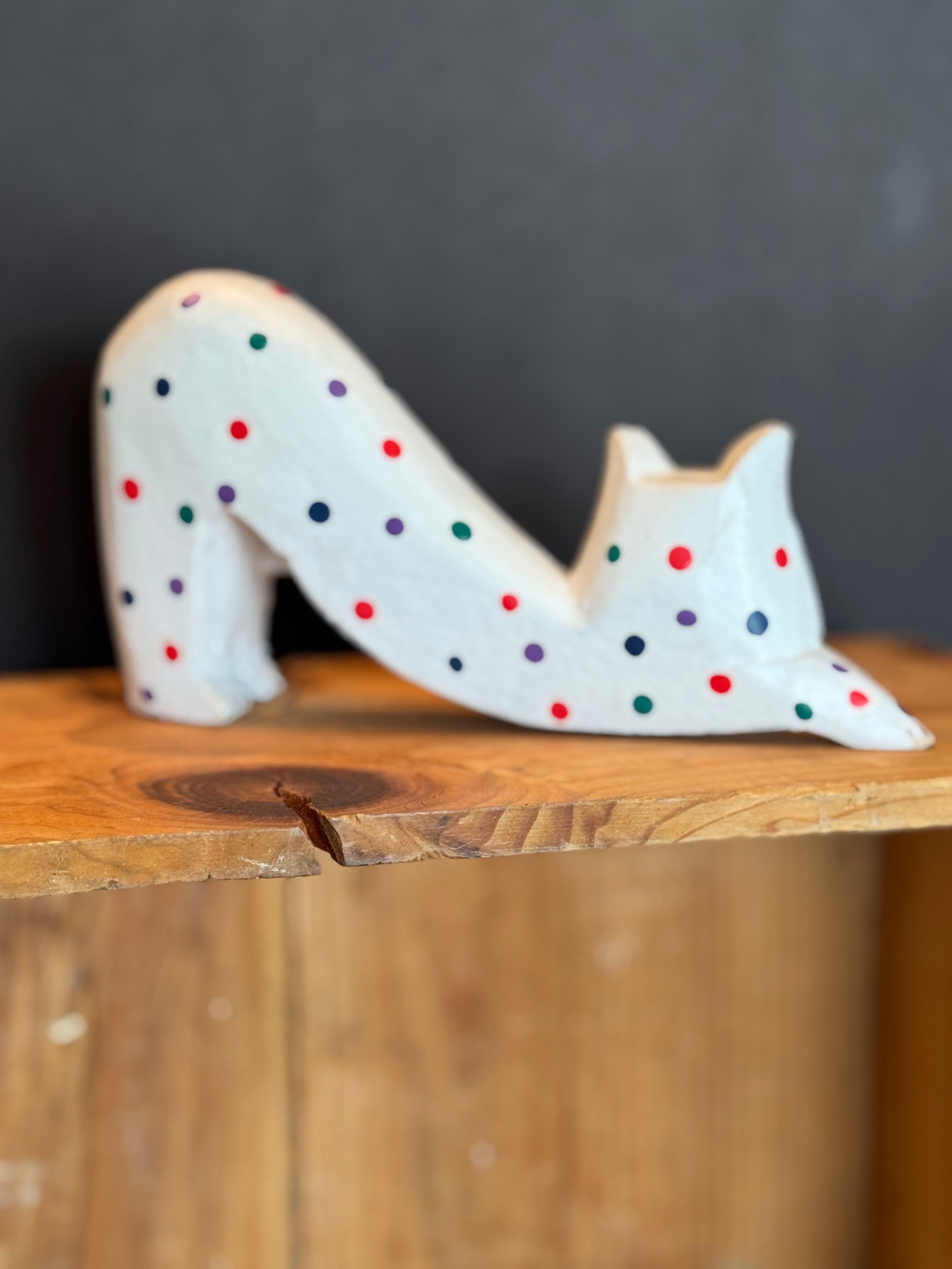 Vintage Hand-Carved Wooden Stretching Cat – Laurel Burch Style – Hand Painted Folk Art C
