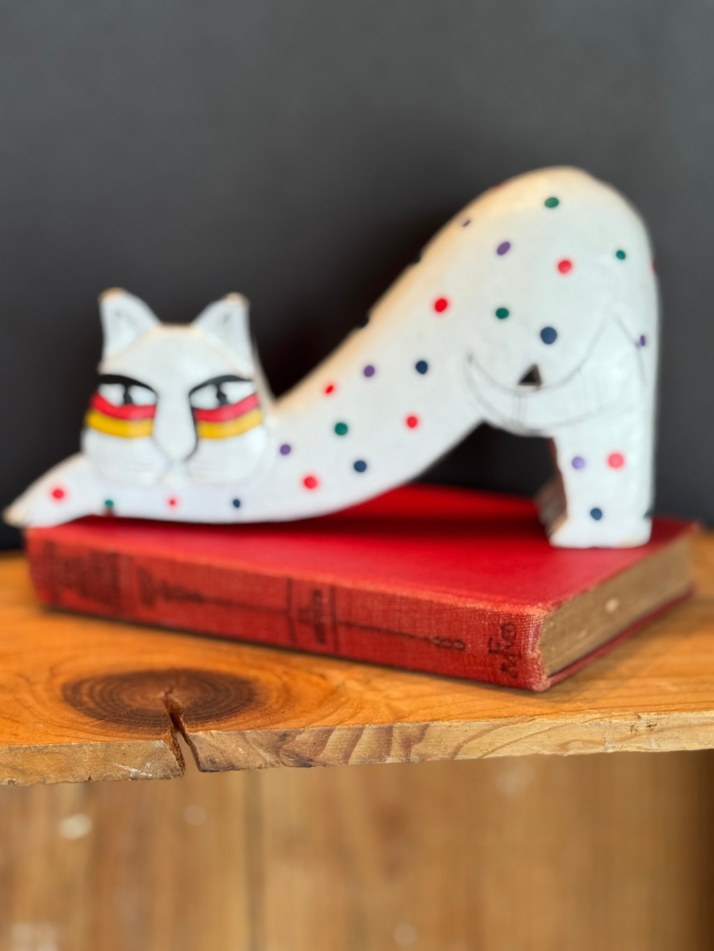 Vintage Hand-Carved Wooden Stretching Cat – Laurel Burch Style – Hand Painted Folk Art C