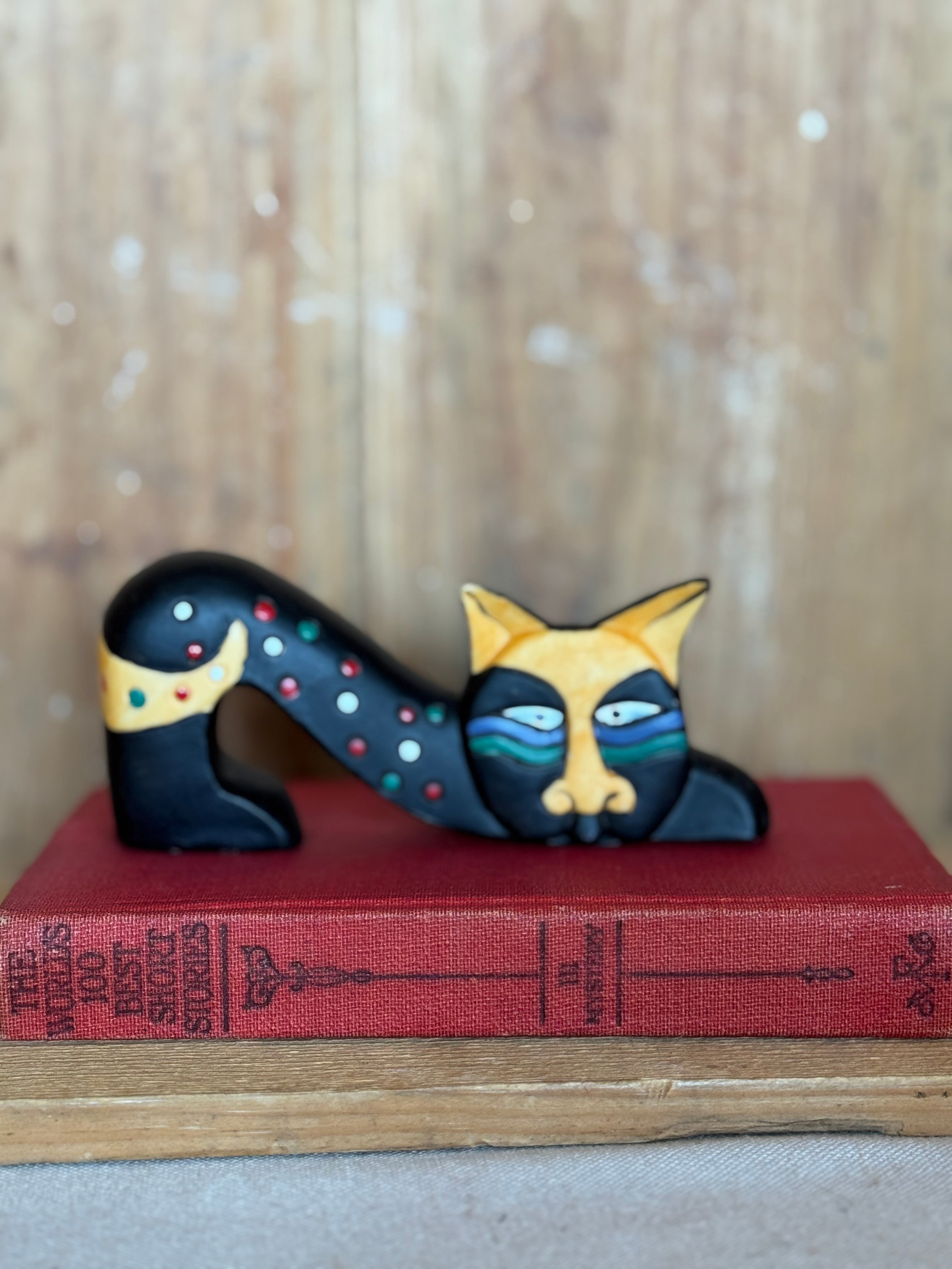Vintage Ceramic Stretching Cat – Possibly Laurel Burch – Colorful Cat Figurine