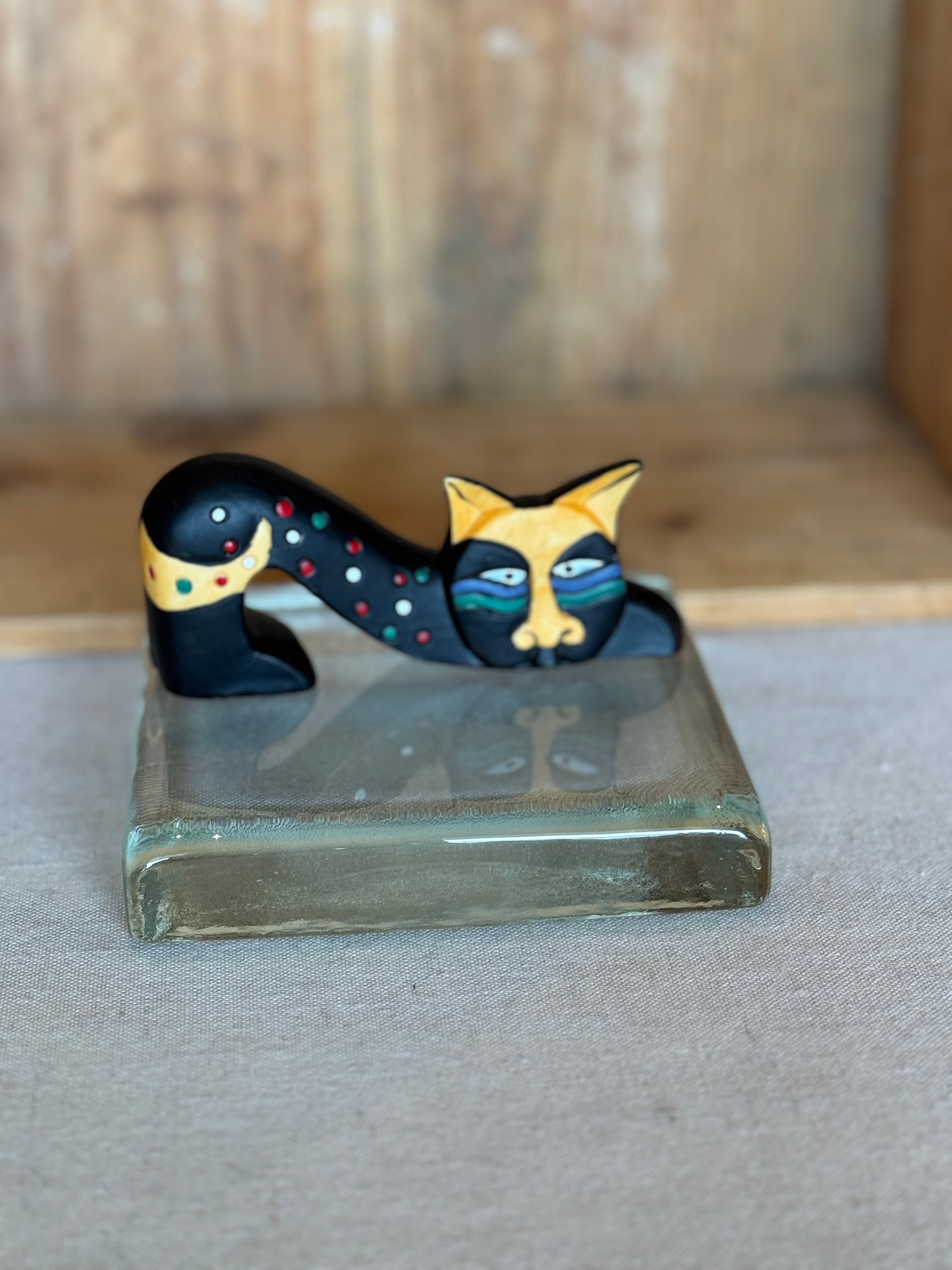 Vintage Ceramic Stretching Cat – Possibly Laurel Burch – Colorful Cat Figurine