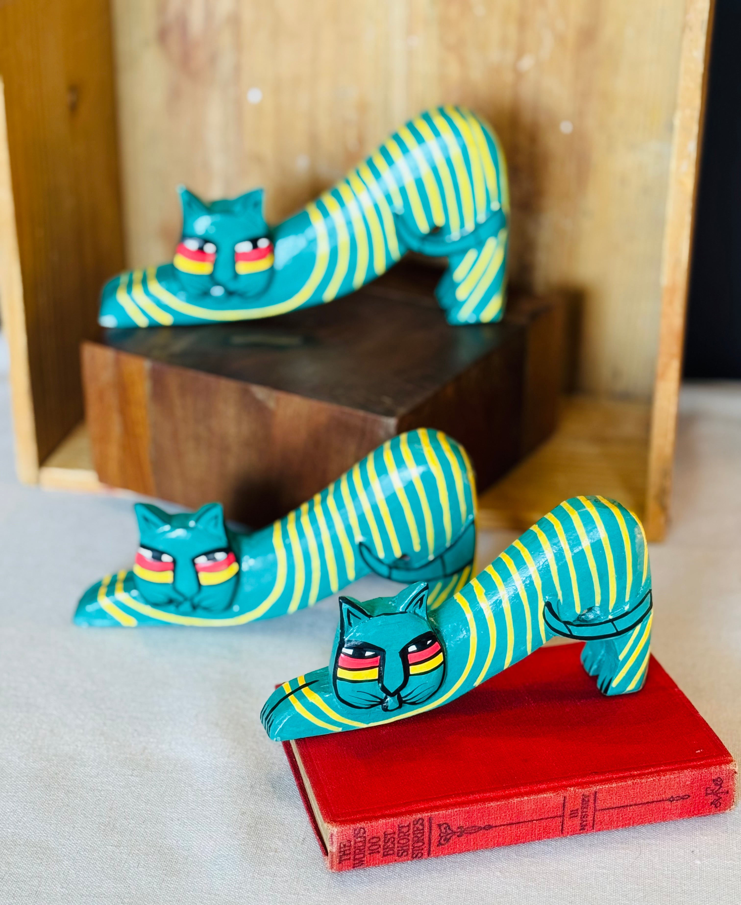 Vintage Hand Carved Wooden Cats – Laurel Burch Style Folk Art Cat Sculptures – Painted Wood Cat Figurines – Bookshelf Decor