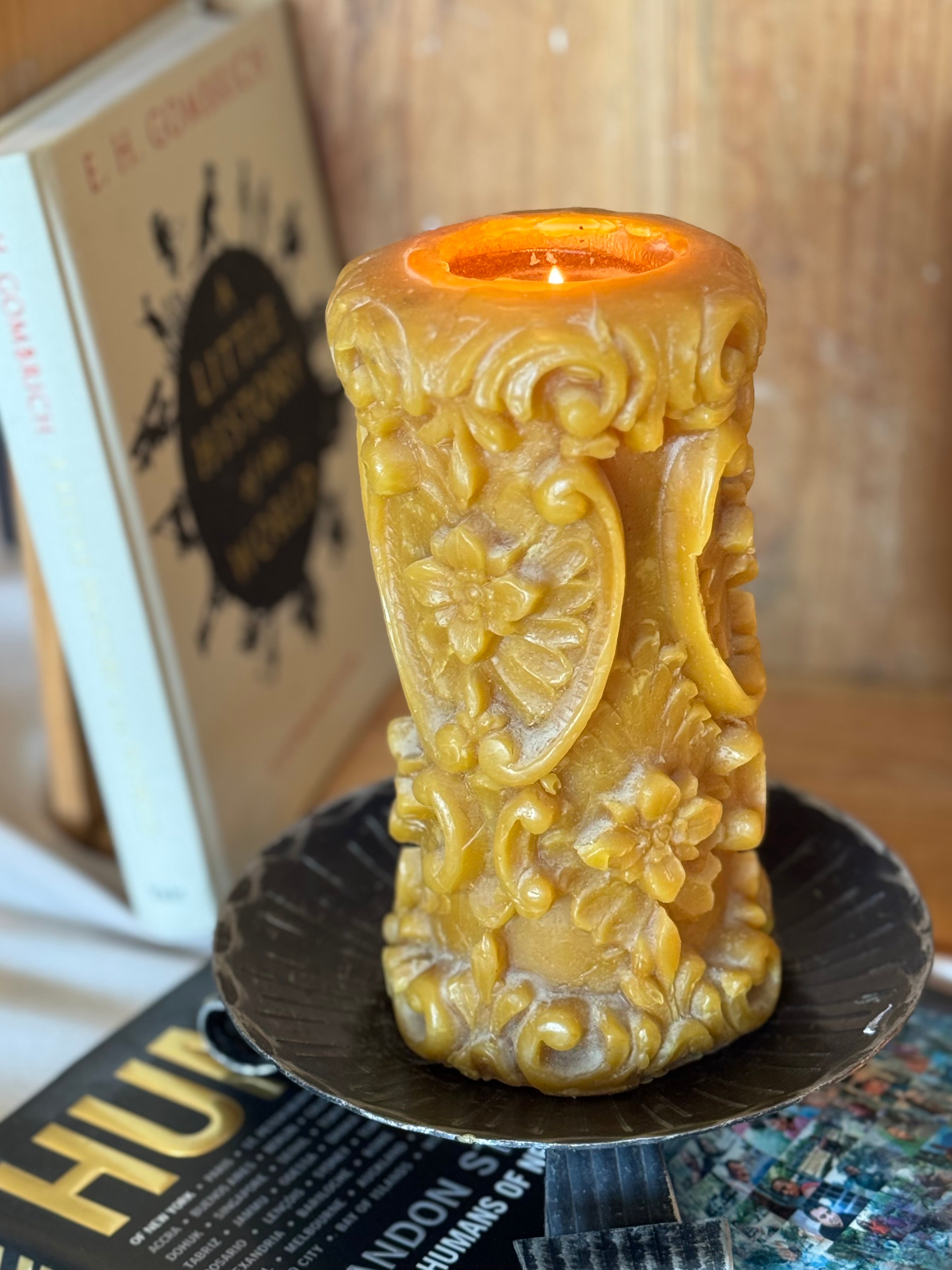 Vintage German Hand-Carved Beeswax Pillar Candle – Floral Relief Stumpenkerze