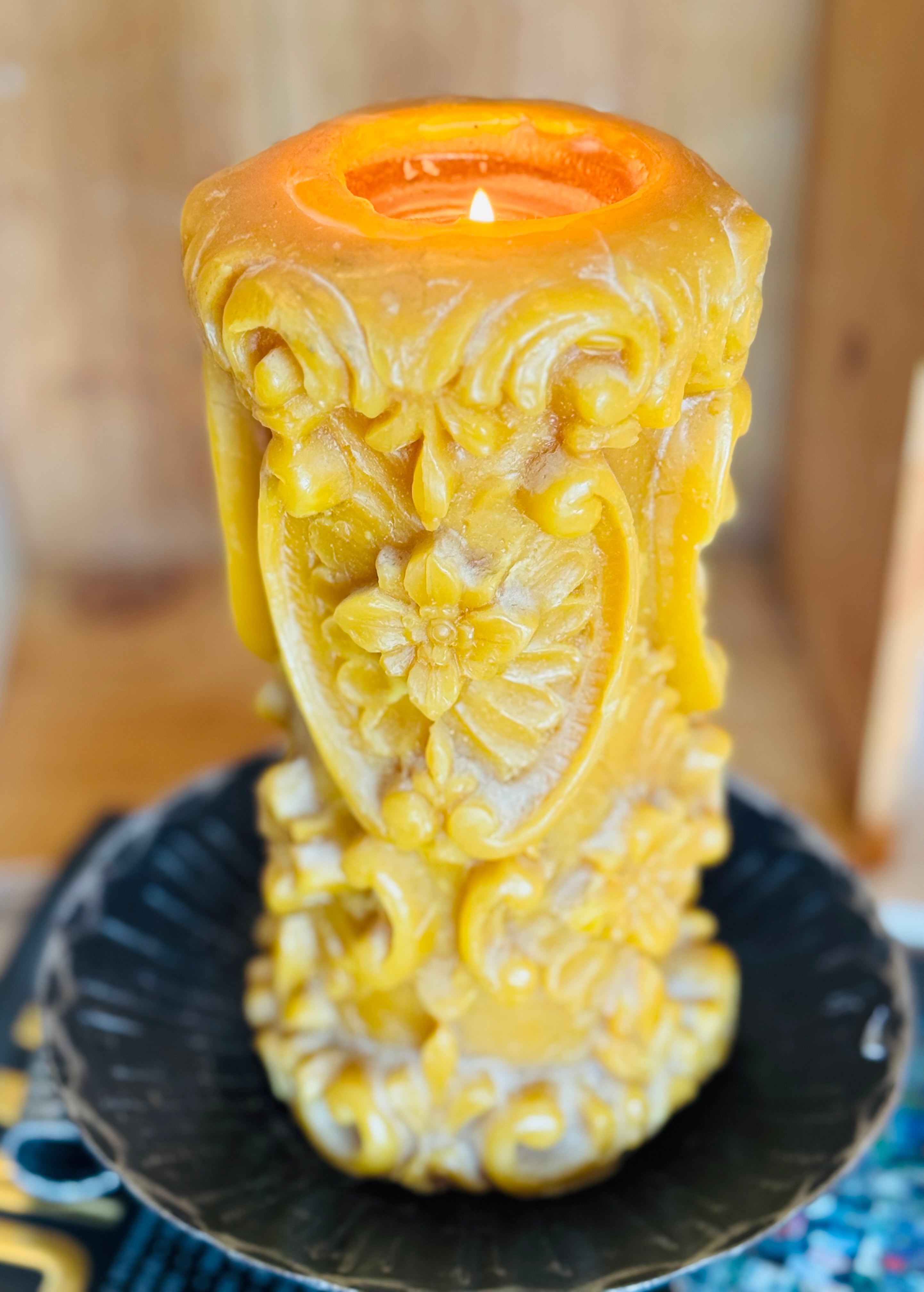 Vintage German Hand-Carved Beeswax Pillar Candle – Floral Relief Stumpenkerze