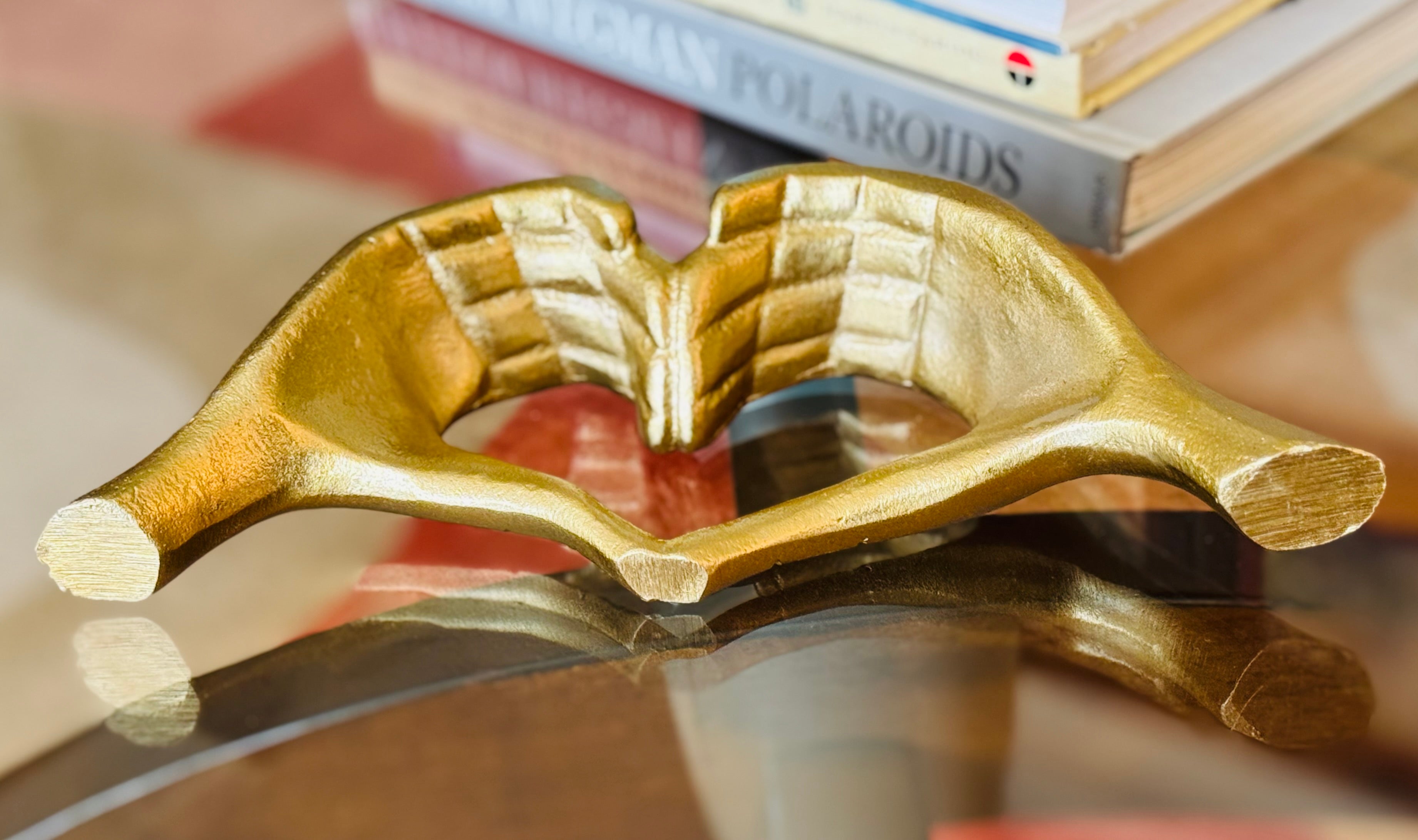 Vintage Solid Brass Heart Hands Sculpture — 1970s Cast Brass Love Sculpture — Mid Century Modern Decor Object
