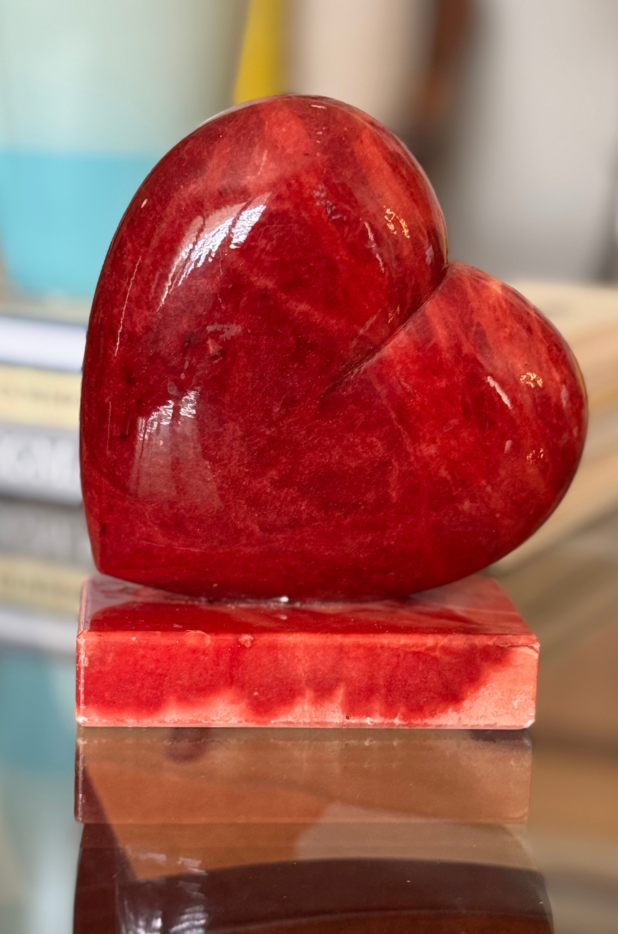 Charming Vintage Italian Red Alabaster Heart Bookend – Carved Stone Book End – Mid Century Alabaster – Volterra Italy