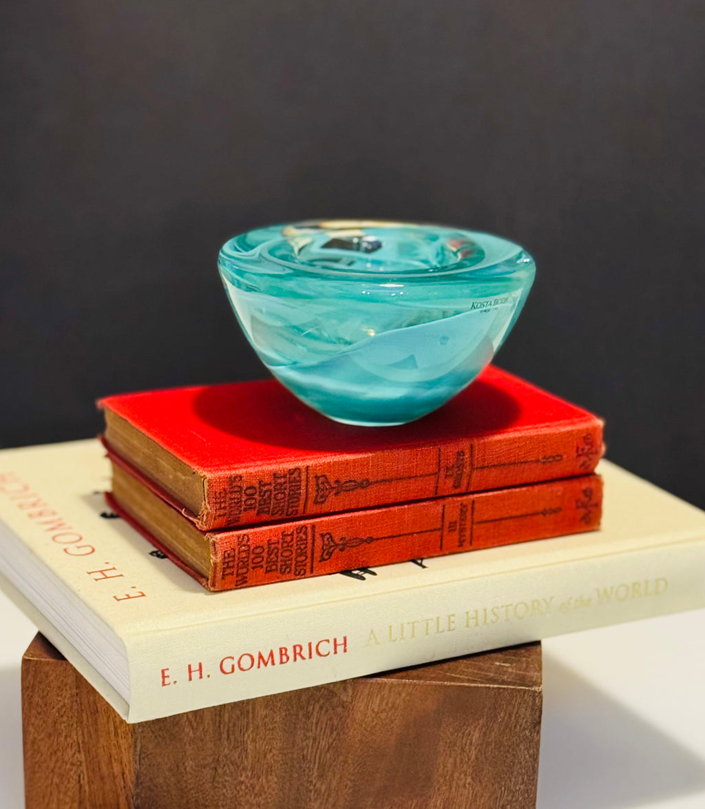 Kosta Boda Atoll Art Glass Bowl – Anna Ehrner – Swedish Turquoise Swirl Crystal – Sculptural Votive / Catchall
