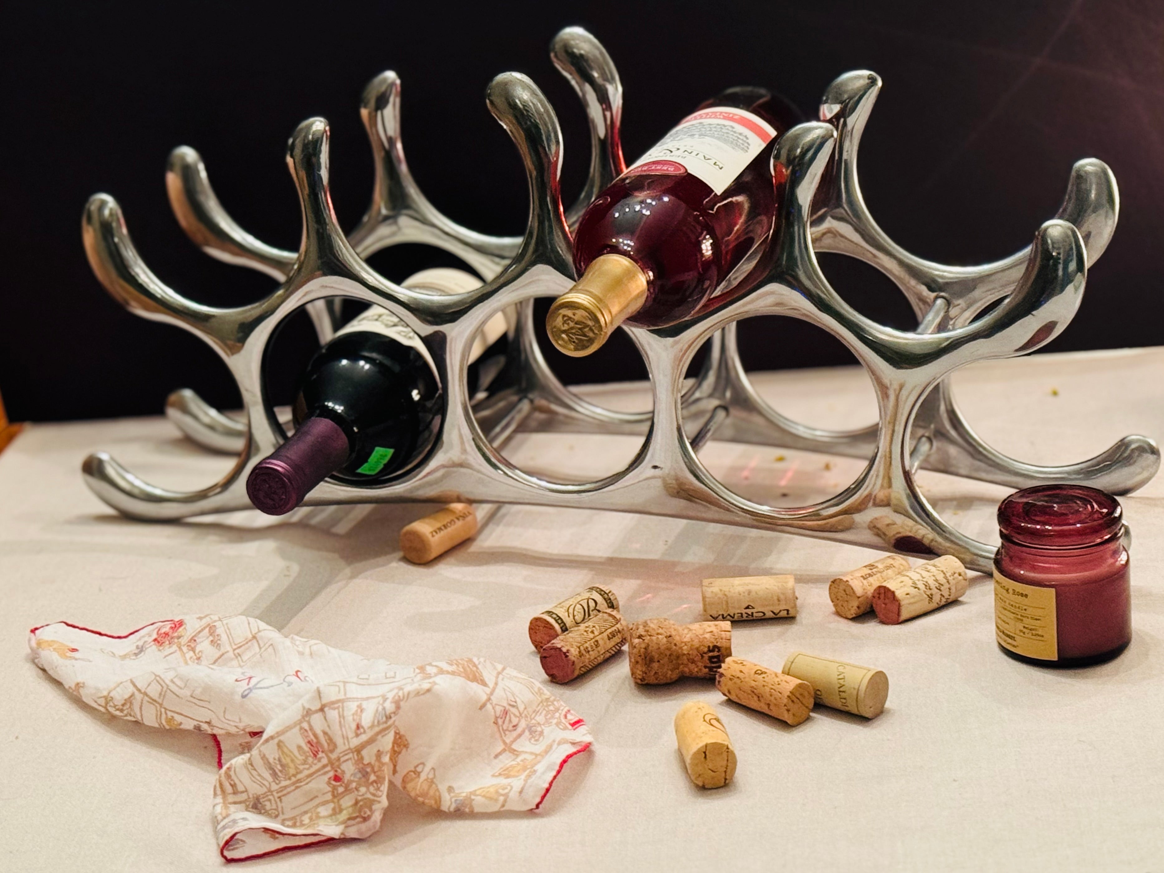 Vintage Sculptural Aluminum Wine Rack, Mid Century Modern Wine Holder, Organic Modern Barware, 6 Bottle Rack, Arthur Court Style