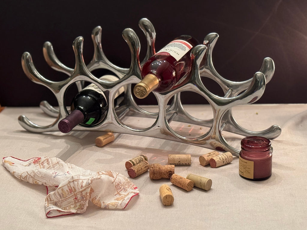 Vintage Sculptural Aluminum Wine Rack, Mid Century Modern Wine Holder, Organic Modern Barware, 6 Bottle Rack, Arthur Court Style
