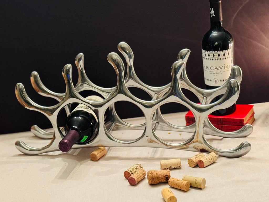Vintage Sculptural Aluminum Wine Rack, Mid Century Modern Wine Holder, Organic Modern Barware, 6 Bottle Rack, Arthur Court Style