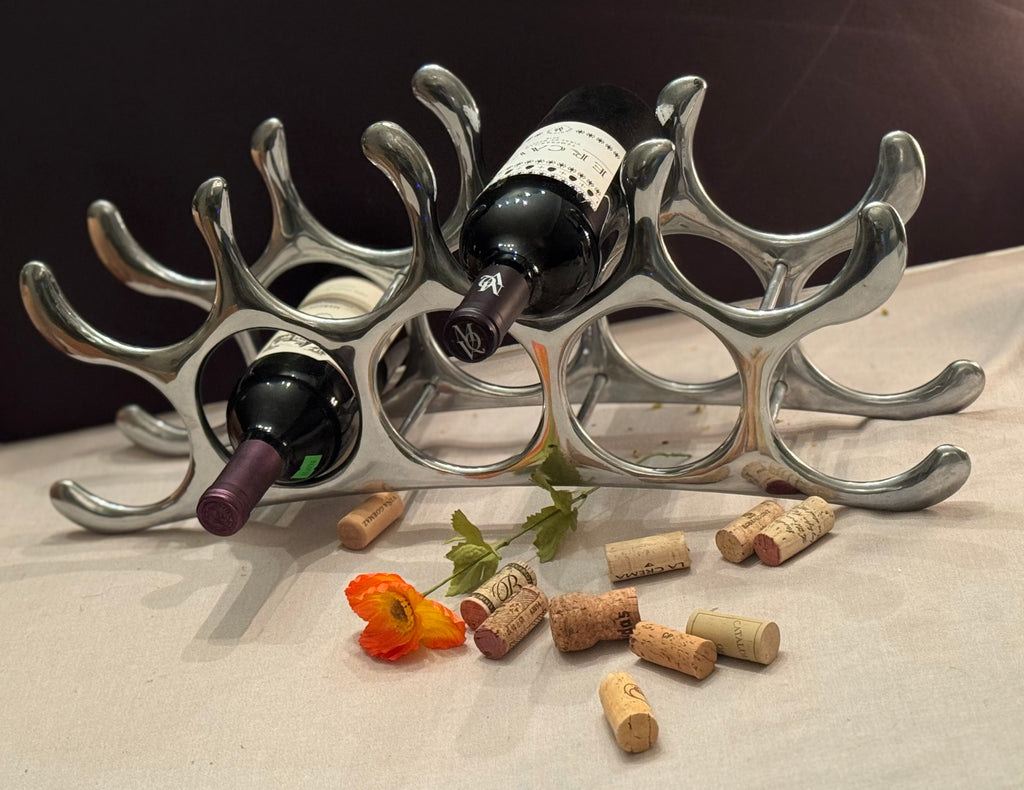 Vintage Sculptural Aluminum Wine Rack, Mid Century Modern Wine Holder, Organic Modern Barware, 6 Bottle Rack, Arthur Court Style