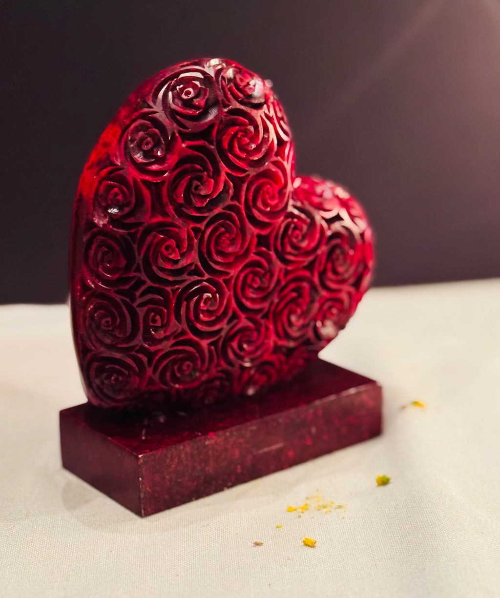 (Rare Find) Carved Cherry Bakelite Heart Bookend — Art Deco Rose Motif