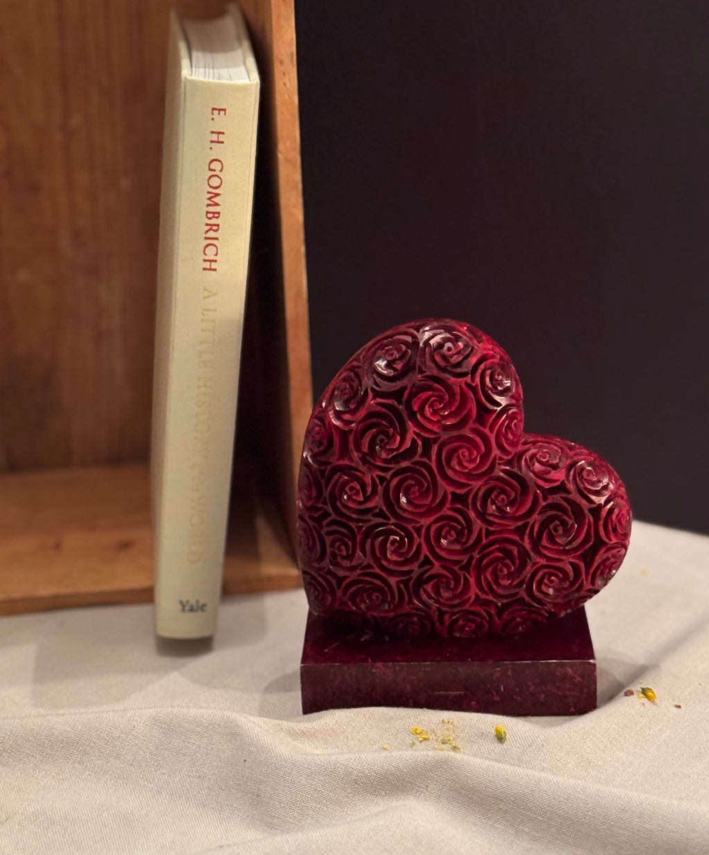 (Rare Find) Carved Cherry Bakelite Heart Bookend — Art Deco Rose Motif