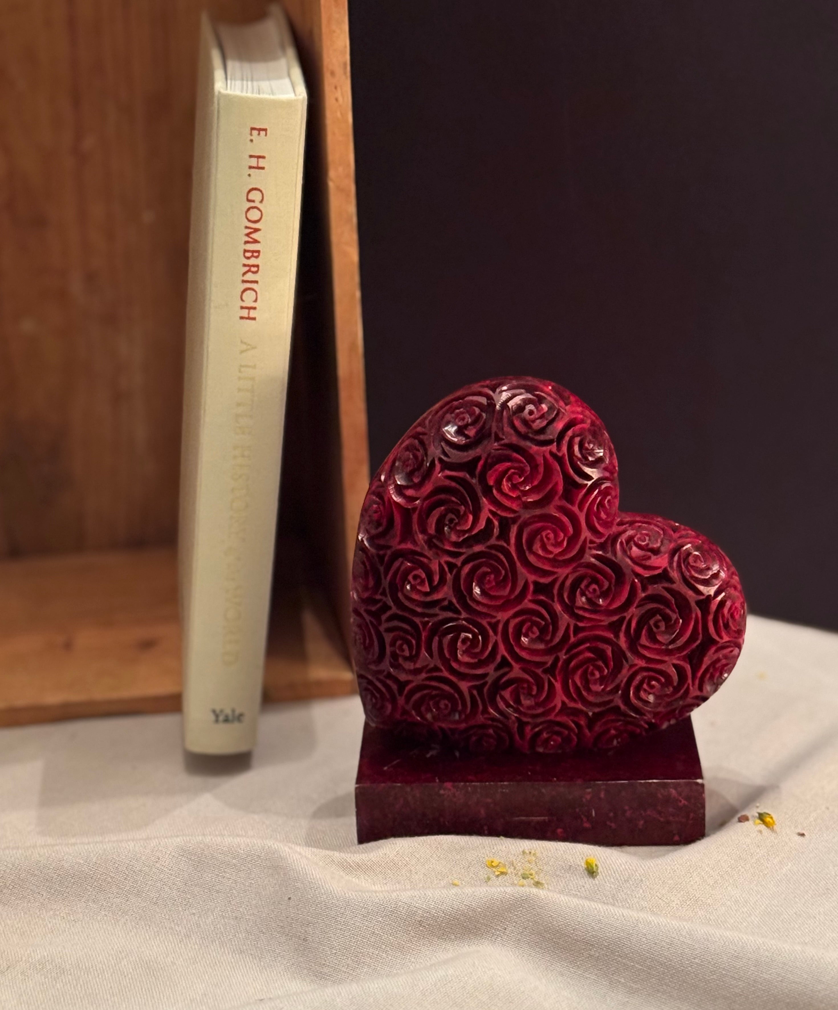 (Rare Find) Carved Cherry Bakelite Heart Bookend — Art Deco Rose Motif