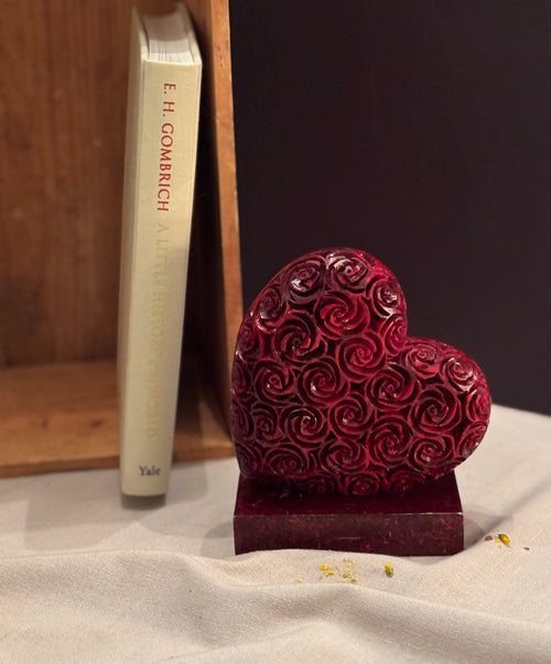 (Rare Find) Carved Cherry Bakelite Heart Bookend — Art Deco Rose Motif