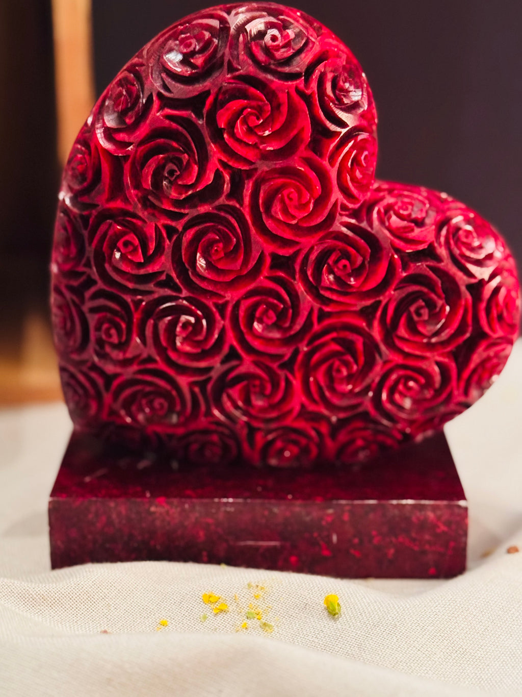 (Rare Find) Carved Cherry Bakelite Heart Bookend — Art Deco Rose Motif