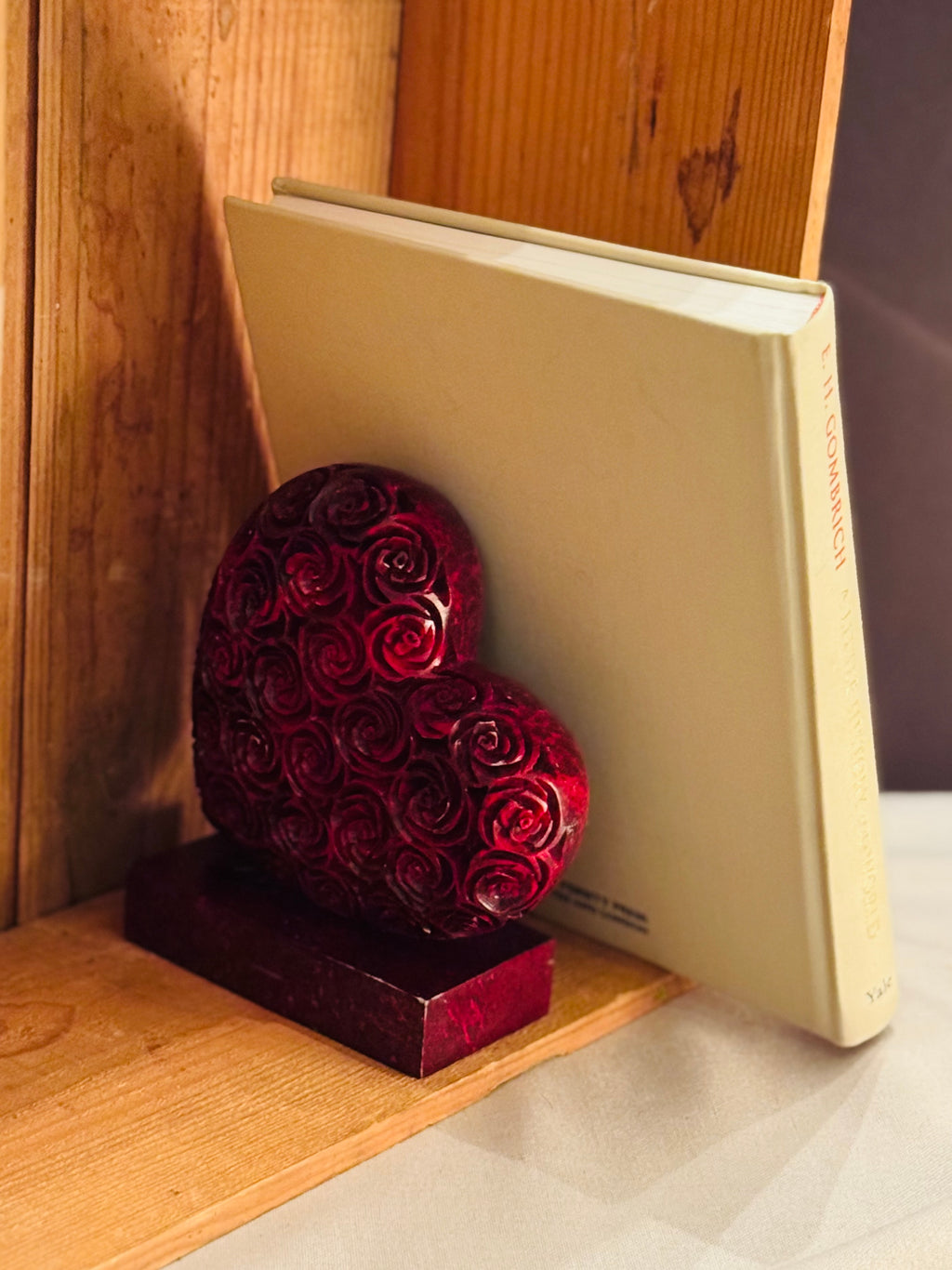(Rare Find) Carved Cherry Bakelite Heart Bookend — Art Deco Rose Motif